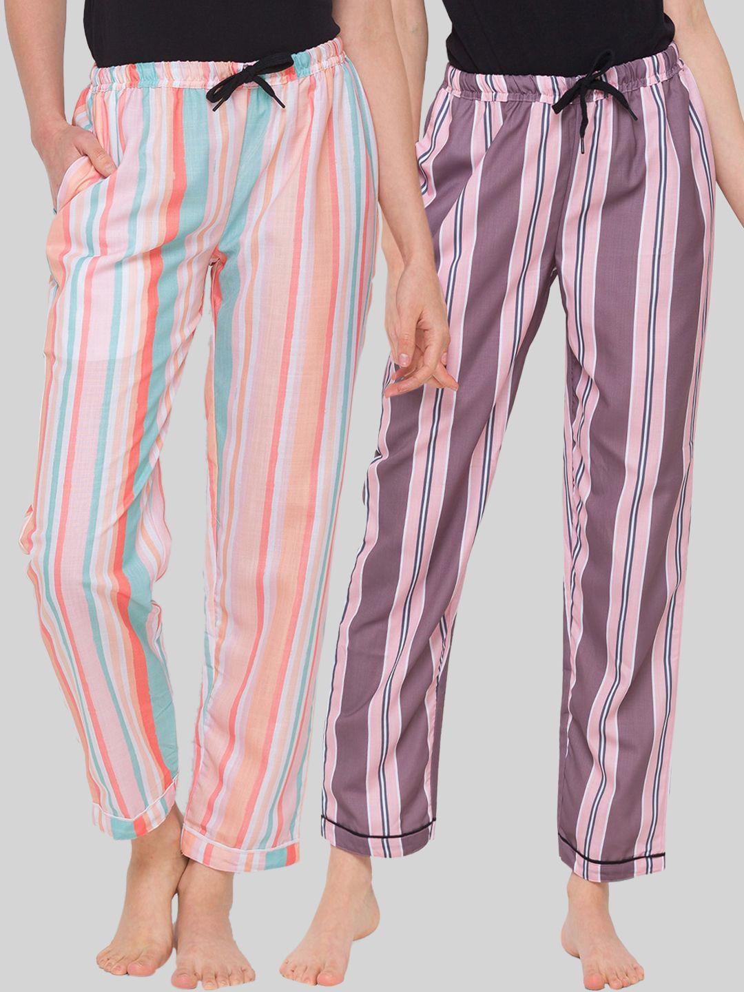 fashionrack woman set of 2 pink & multicolour striped lounge pants