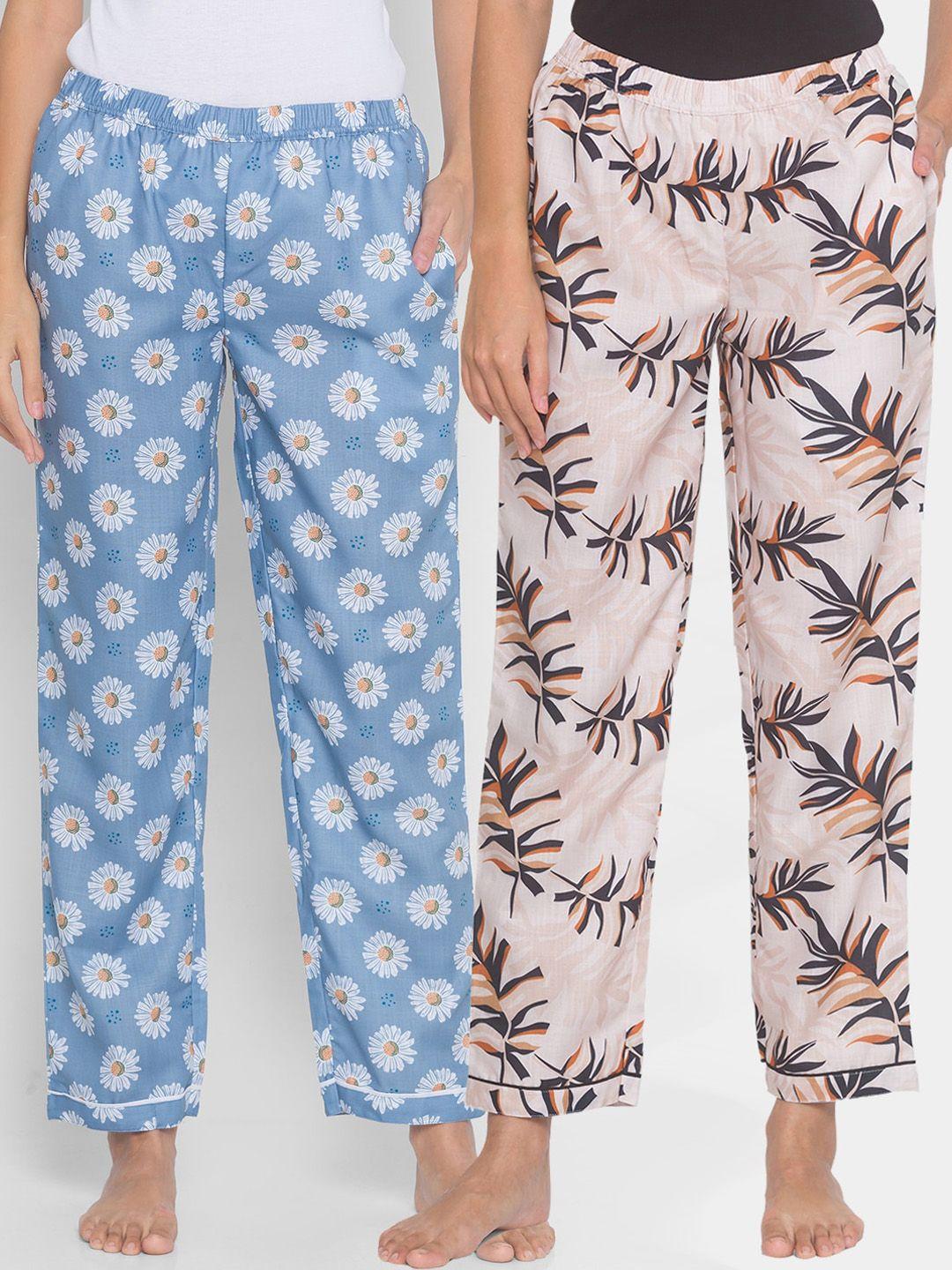 fashionrack women beige & blue pack of 2 printed cotton lounge pants