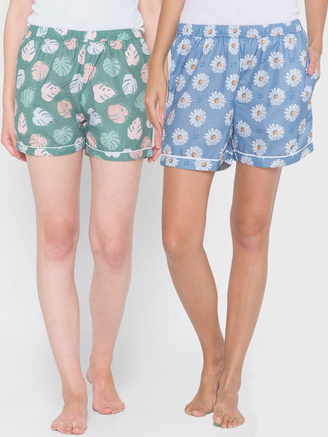 fashionrack women blue & green pack of 2 printed lounge shorts
