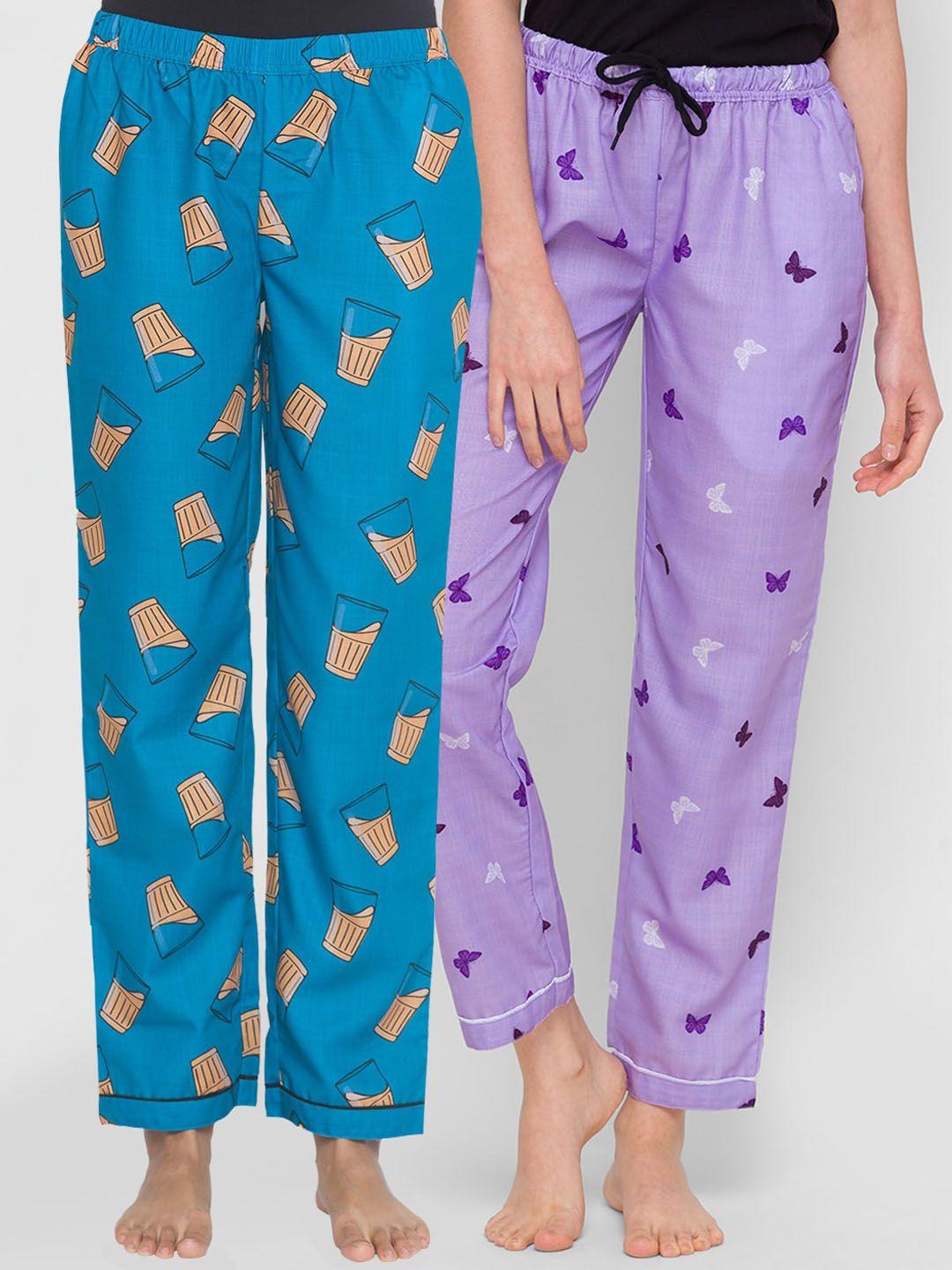 fashionrack women blue-purple set of 2 cotton lounge pants