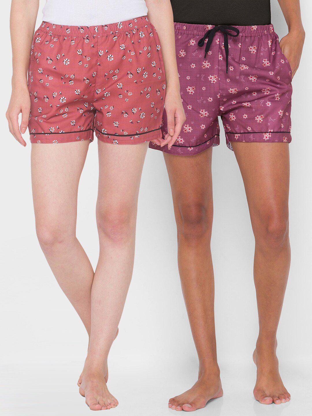 fashionrack women brown & purple set of 2 printed lounge shorts