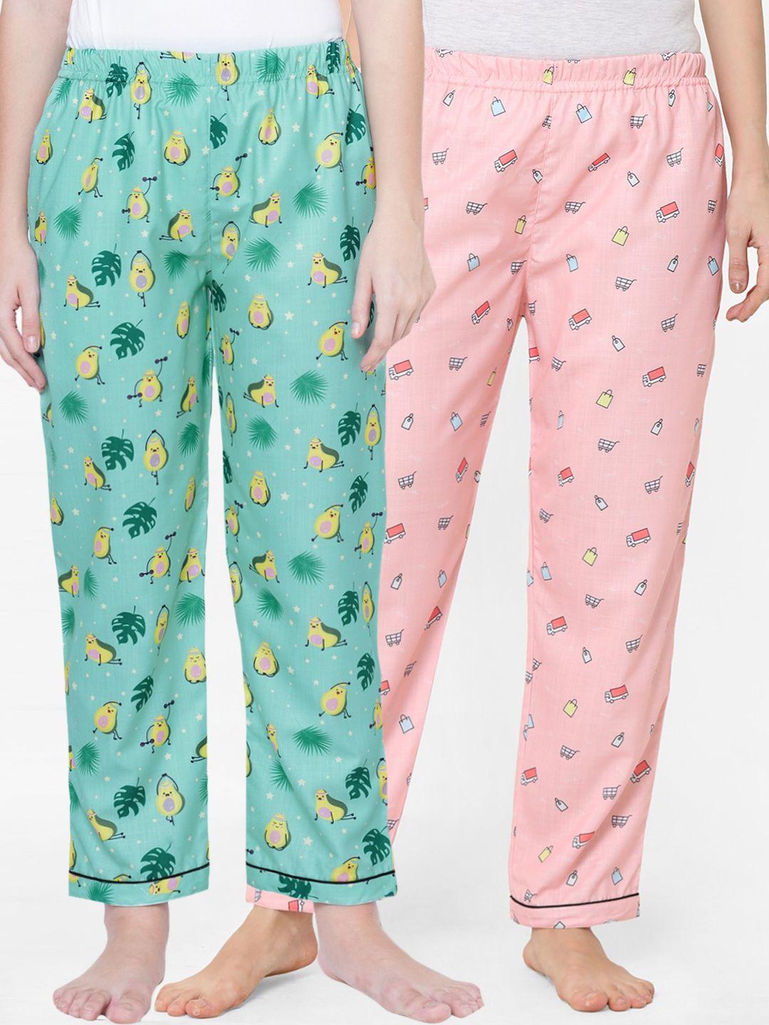 fashionrack women green & pink pack of 2 cotton printed lounge pants