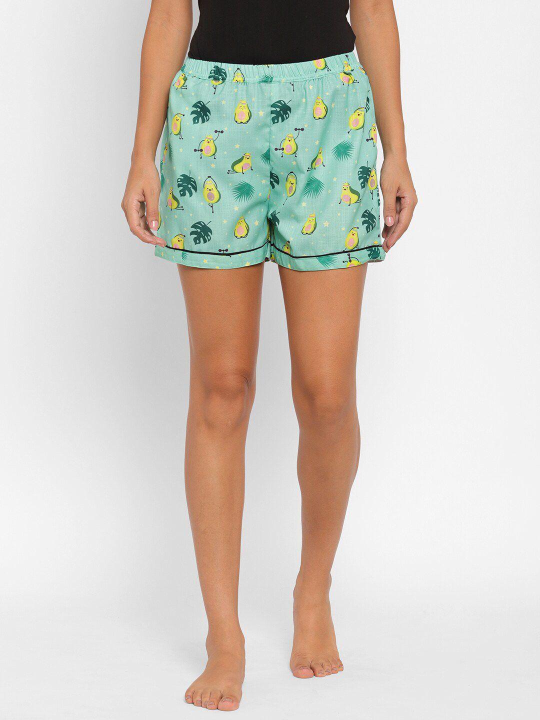 fashionrack women green & yellow printed lounge shorts