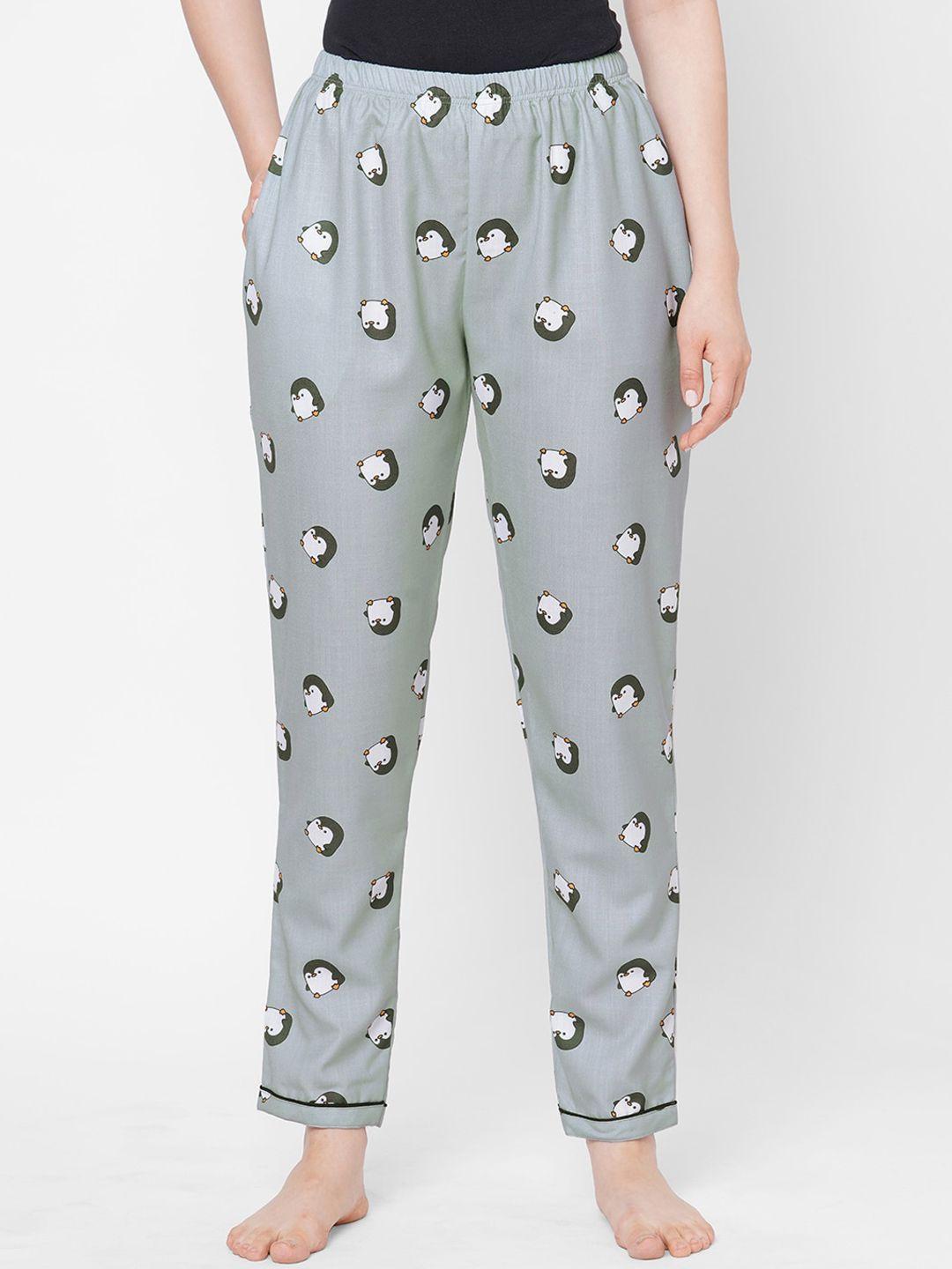 fashionrack women grey & white animal printed mid-rise lounge pants