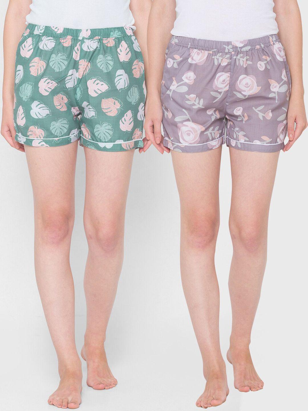fashionrack women mauve & green set of 2 printed lounge shorts