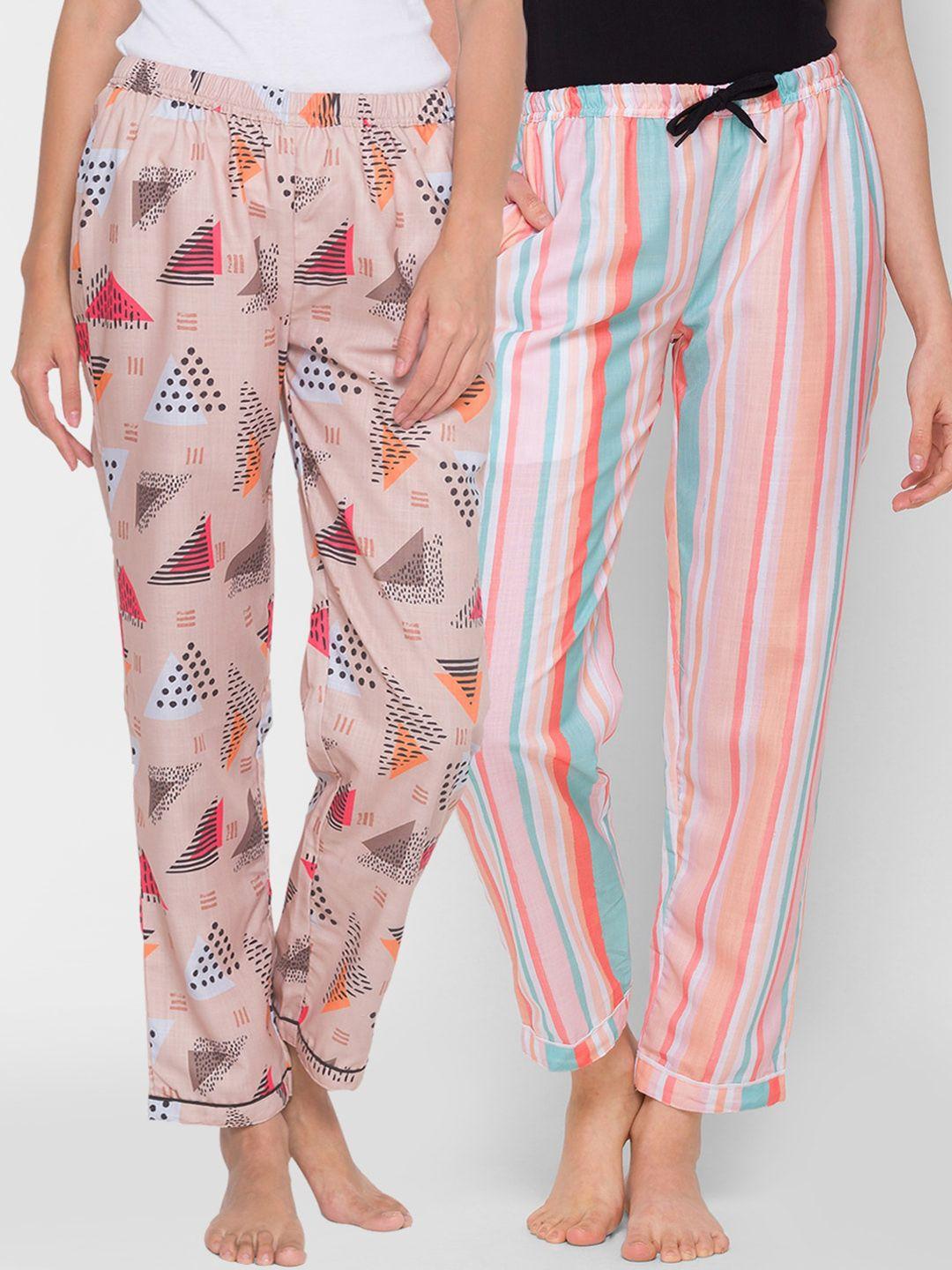 fashionrack women pack of 2 abstract triangle pastel multistrip cotton lounge pants