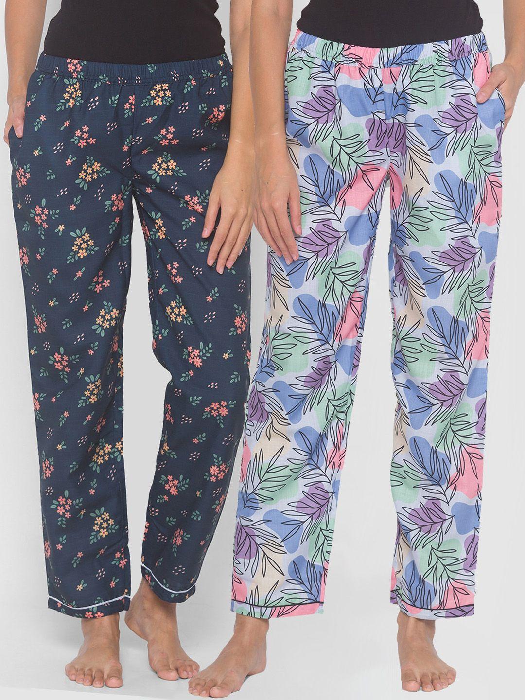 fashionrack women pack of 2 blue & navy blue printed lounge pants