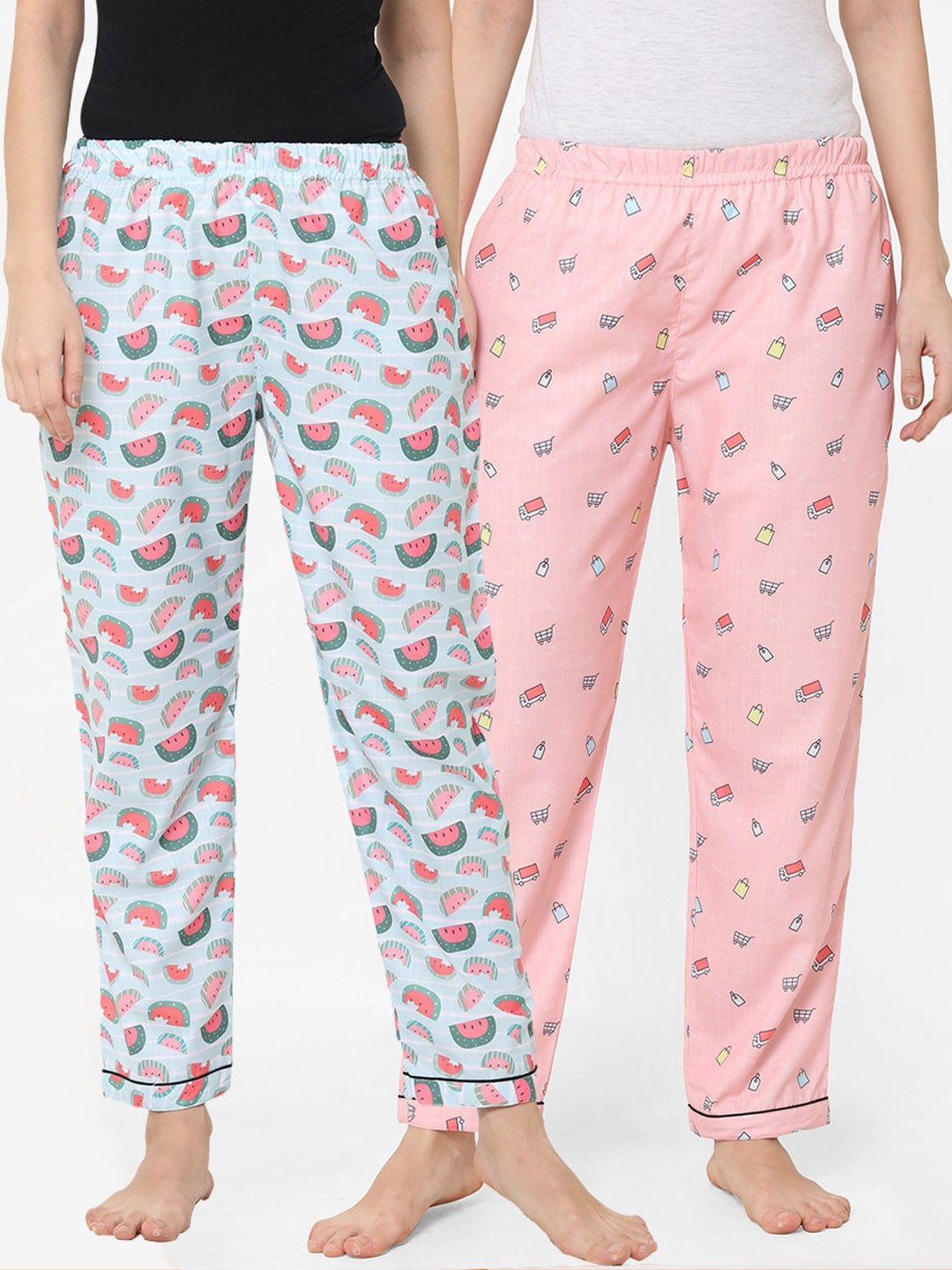 fashionrack women pack of 2 blue & pink conversational printed cotton lounge pants