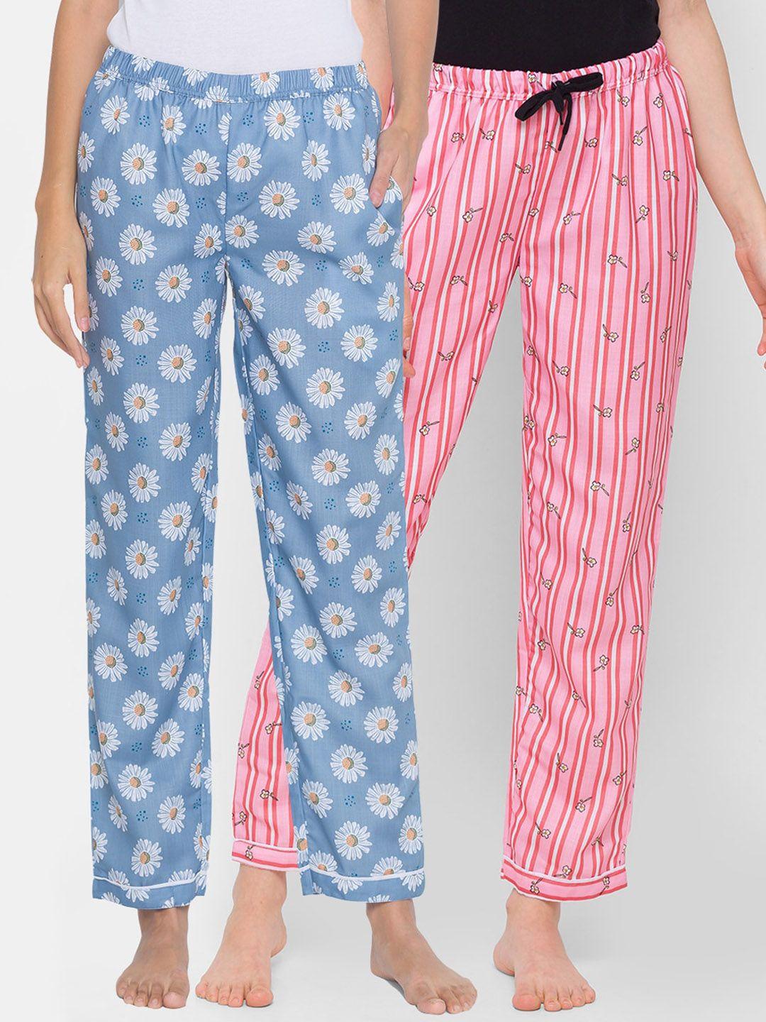 fashionrack women pack of 2 blue & pink printed cotton lounge pants