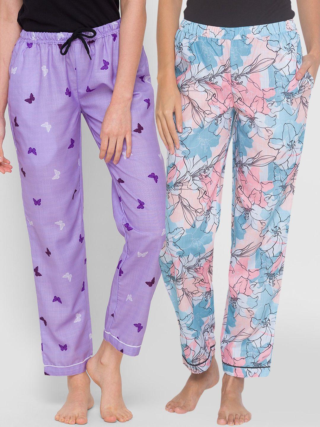 fashionrack women pack of 2 blue & purple printed cotton lounge pants