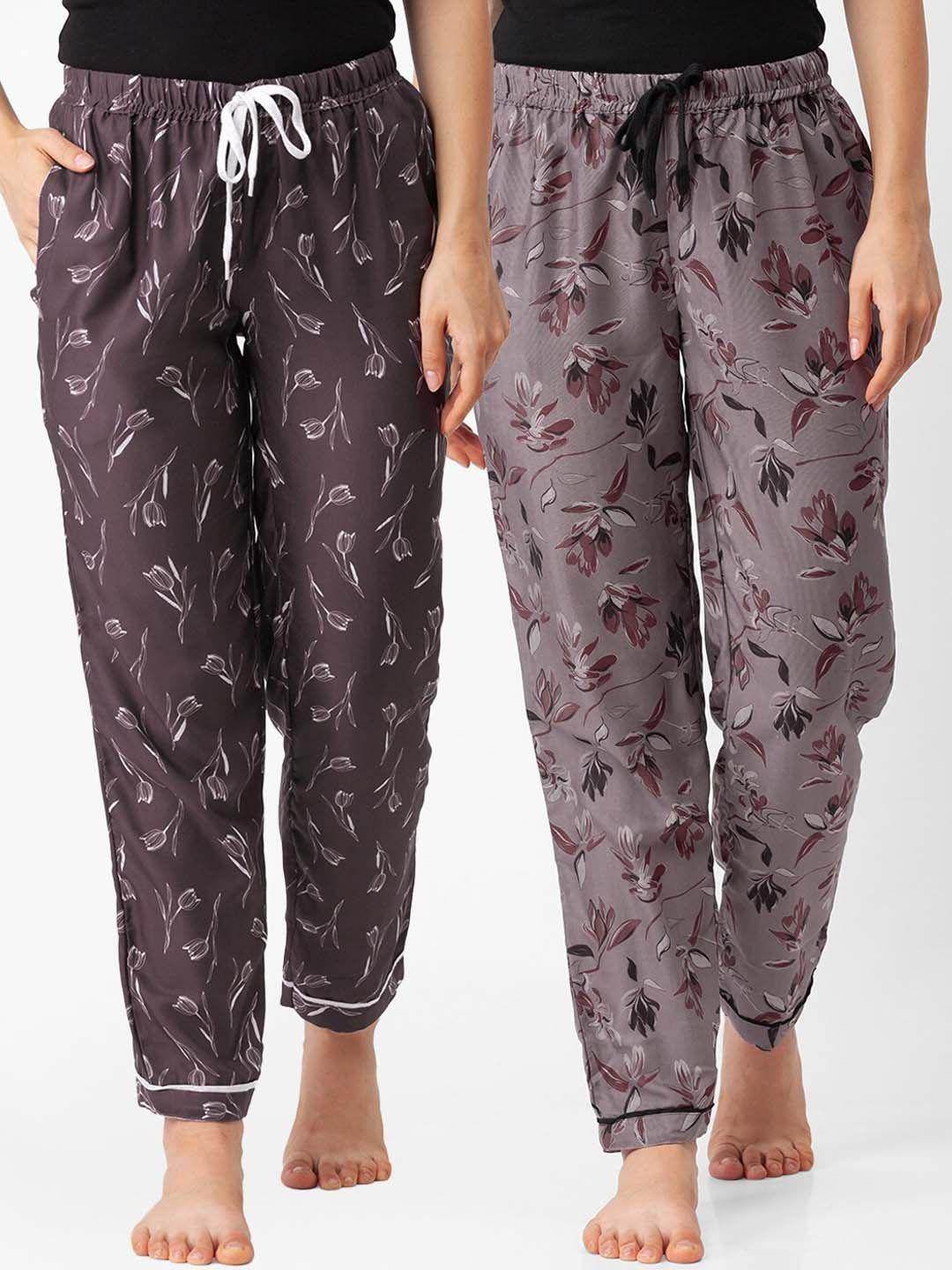 fashionrack women pack of 2 brown & grey printed cotton lounge pants