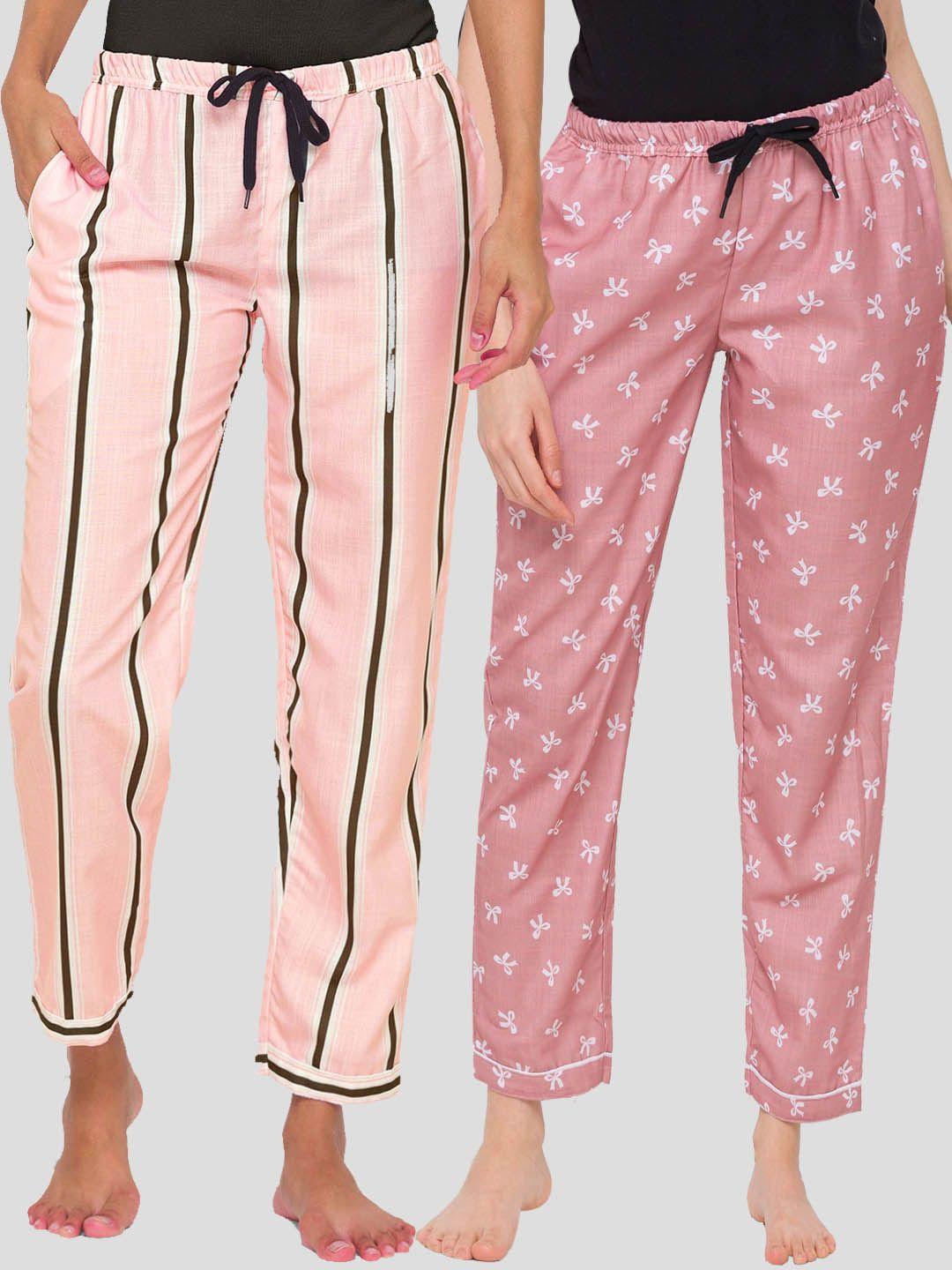 fashionrack women pack of 2 brown & pink cotton printed lounge pants