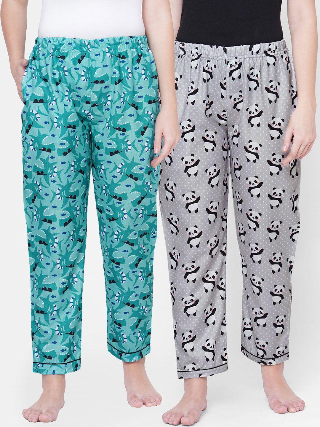 fashionrack women pack of 2 green & grey printed cotton lounge pants