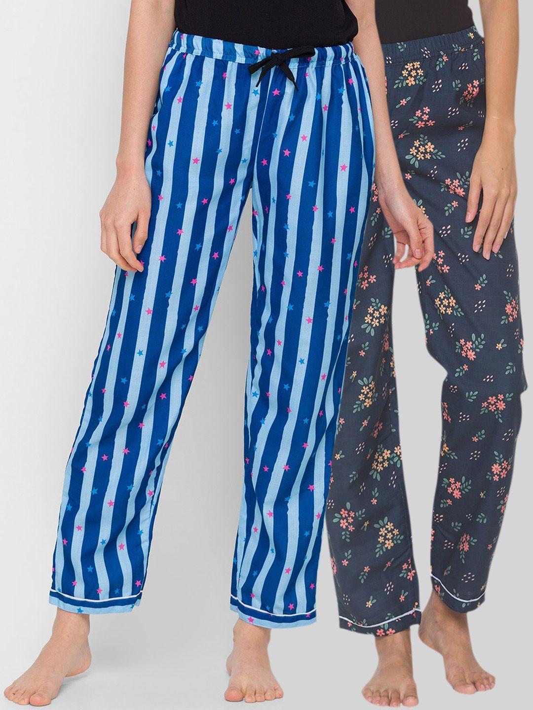 fashionrack women pack of 2 navy blue & peach printed lounge pants