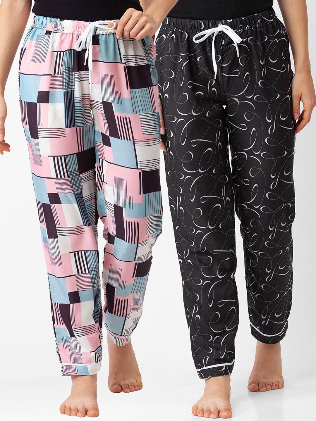 fashionrack women pack of 2 pink & black printed cotton lounge pants