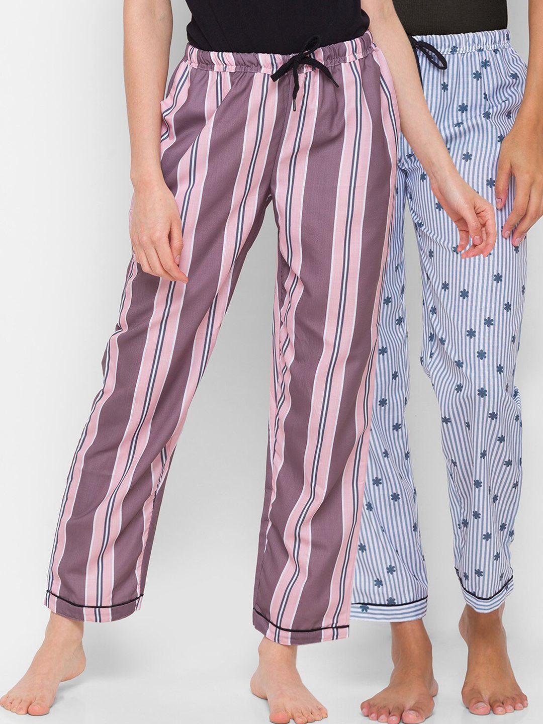 fashionrack women pack of 2 pink & blue striped mid rise cotton lounge pants