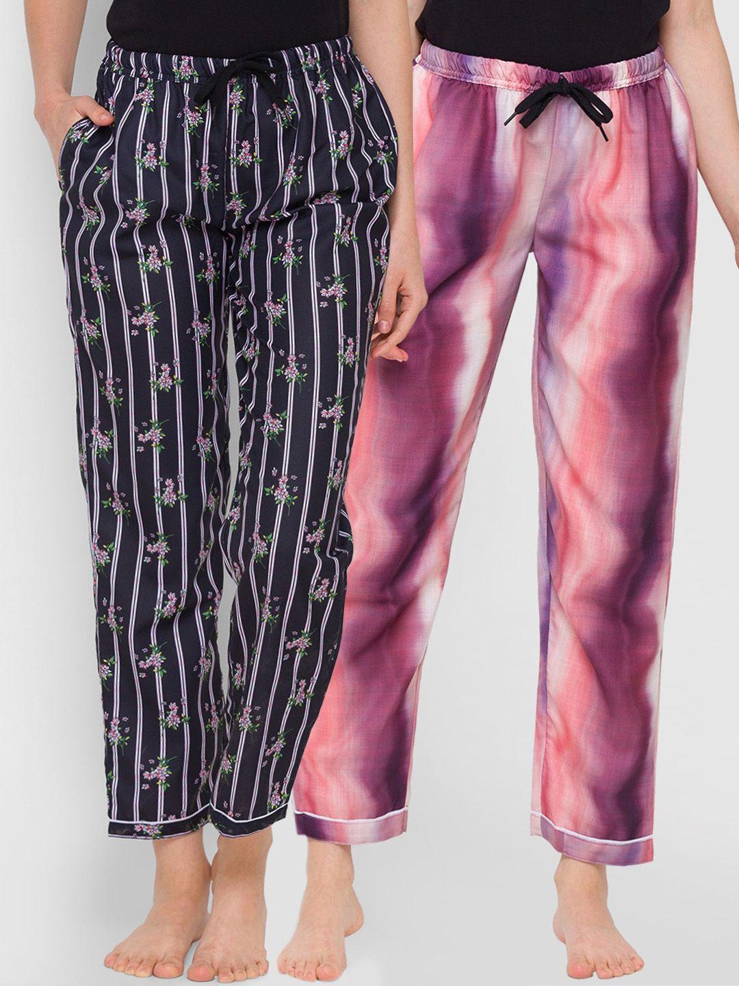 fashionrack women pack of 2 purple & black cotton printed pyjamas