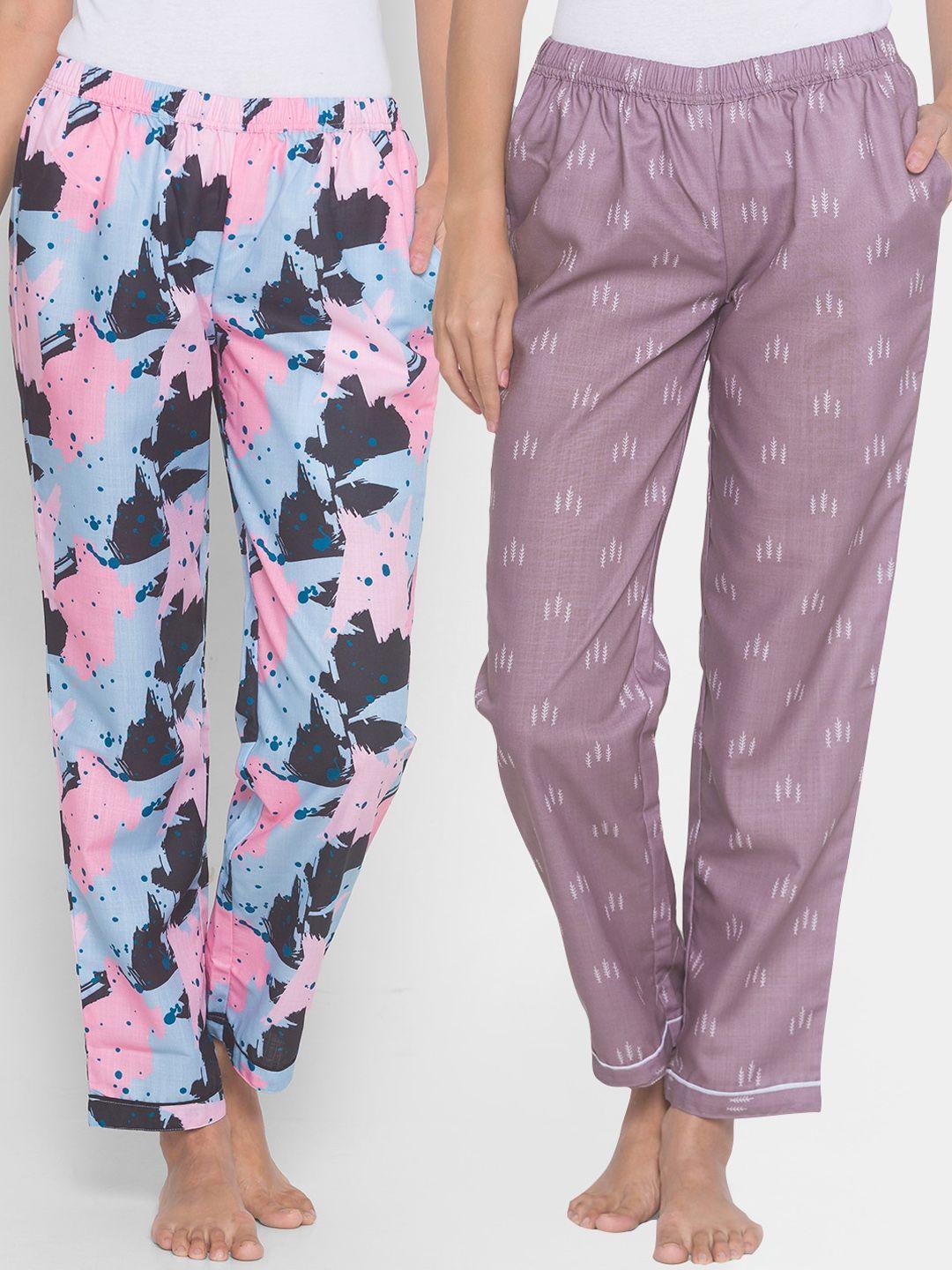 fashionrack women pack of 2 purple & blue printed cotton lounge pants