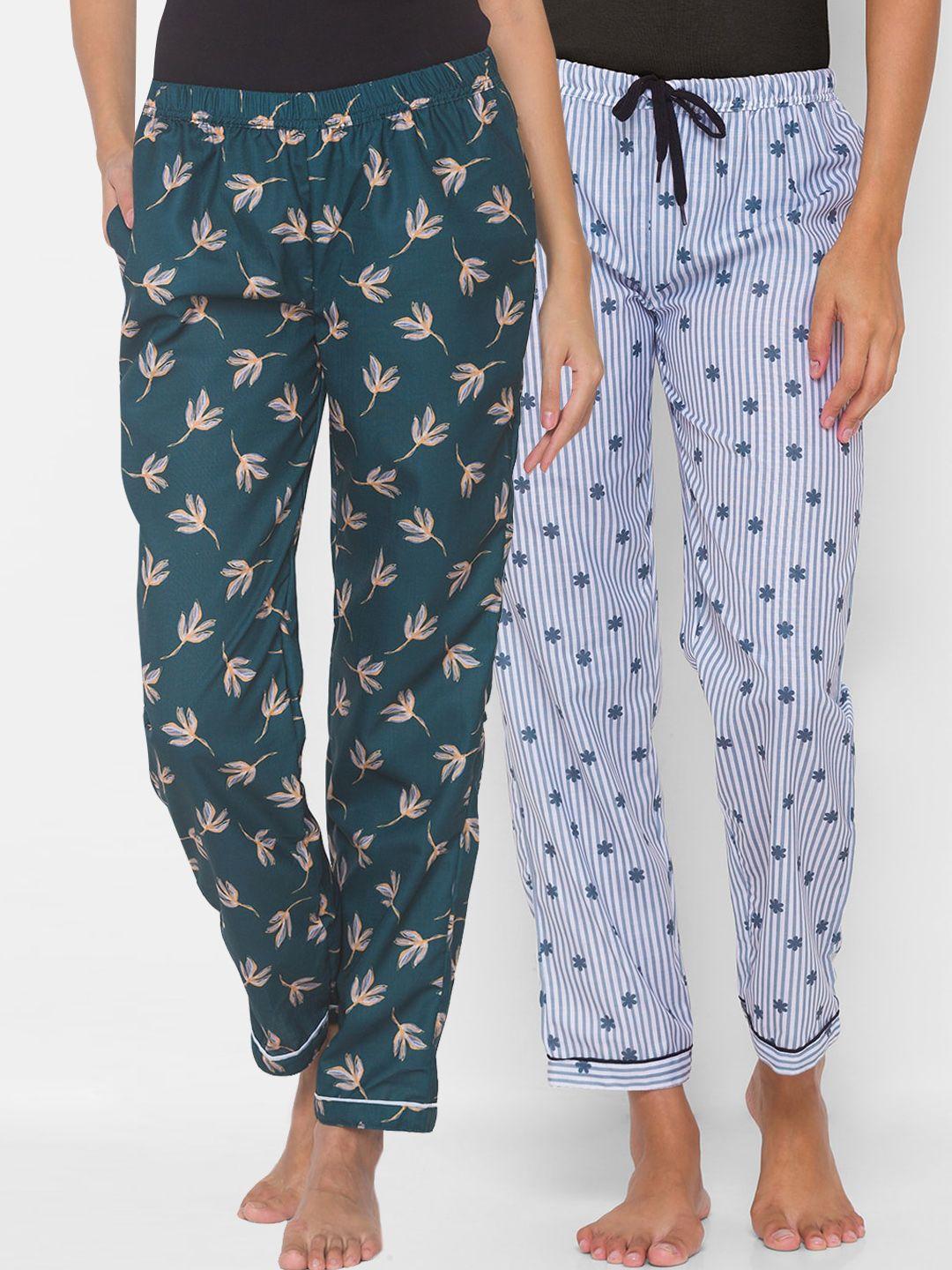 fashionrack women pack of 2 teal green & grey printed lounge pants