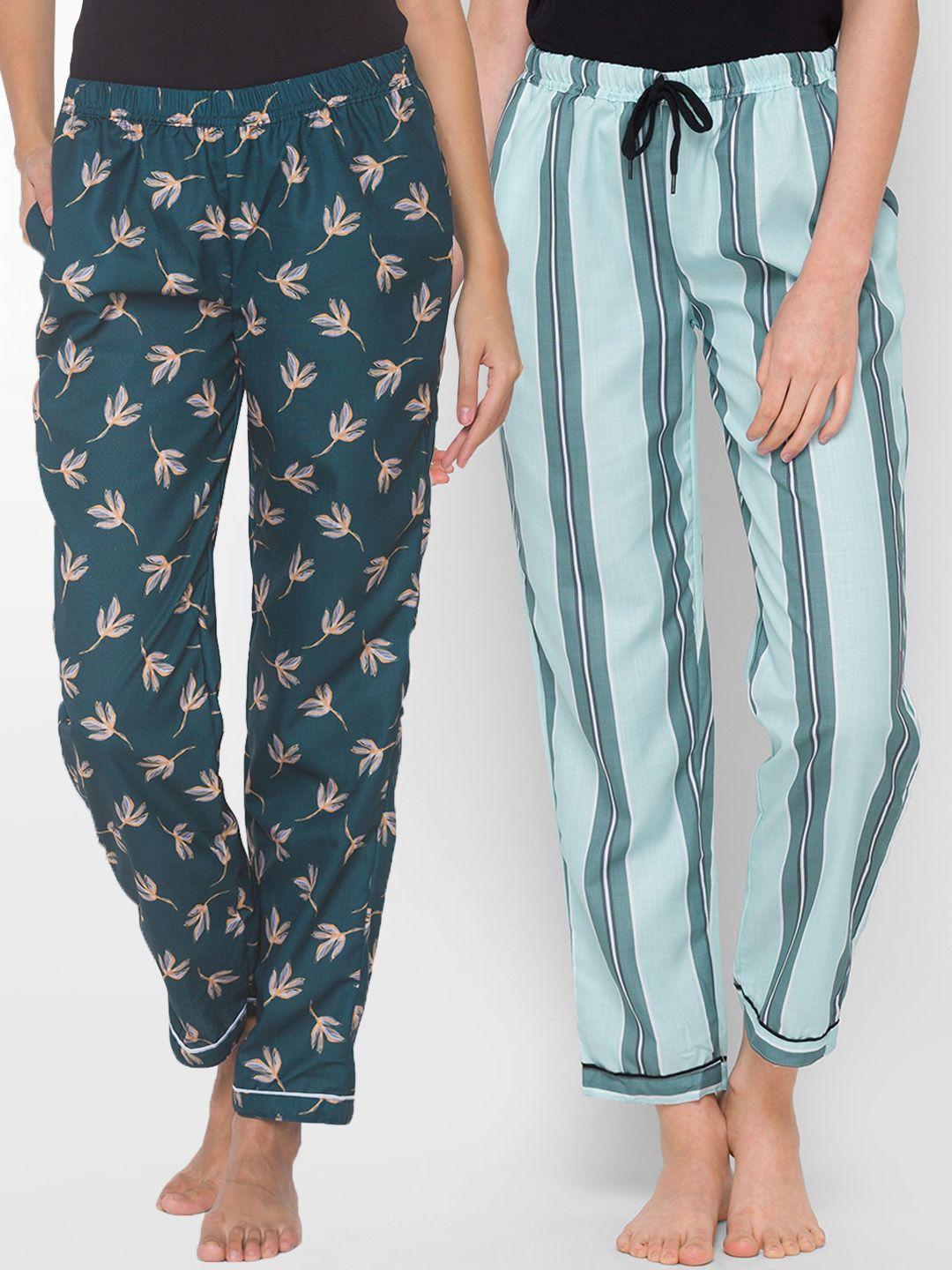 fashionrack women pack of 2 teal green & turquoise blue printed lounge pants