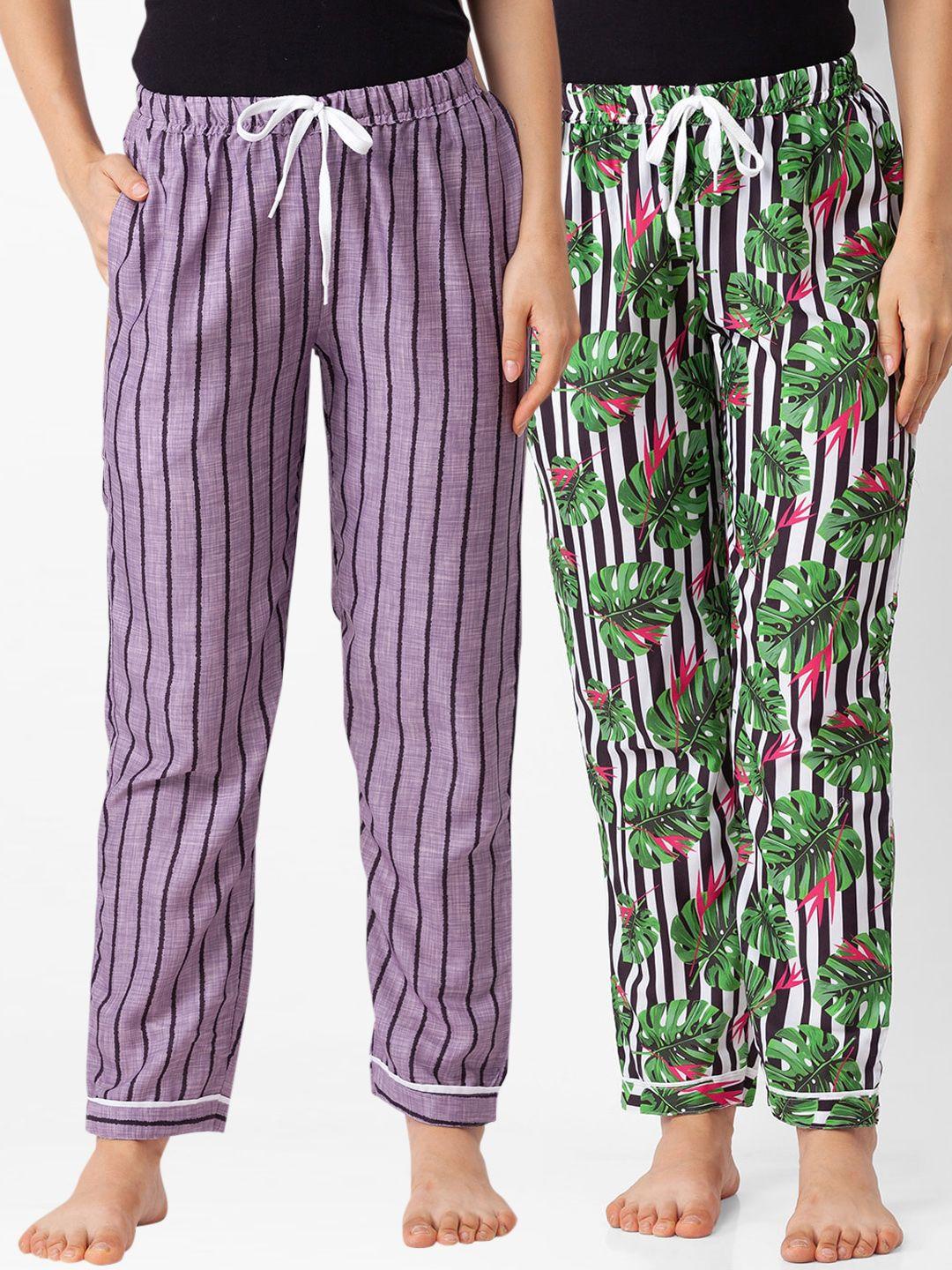 fashionrack women pack of 2 violet & green printed cotton lounge pants