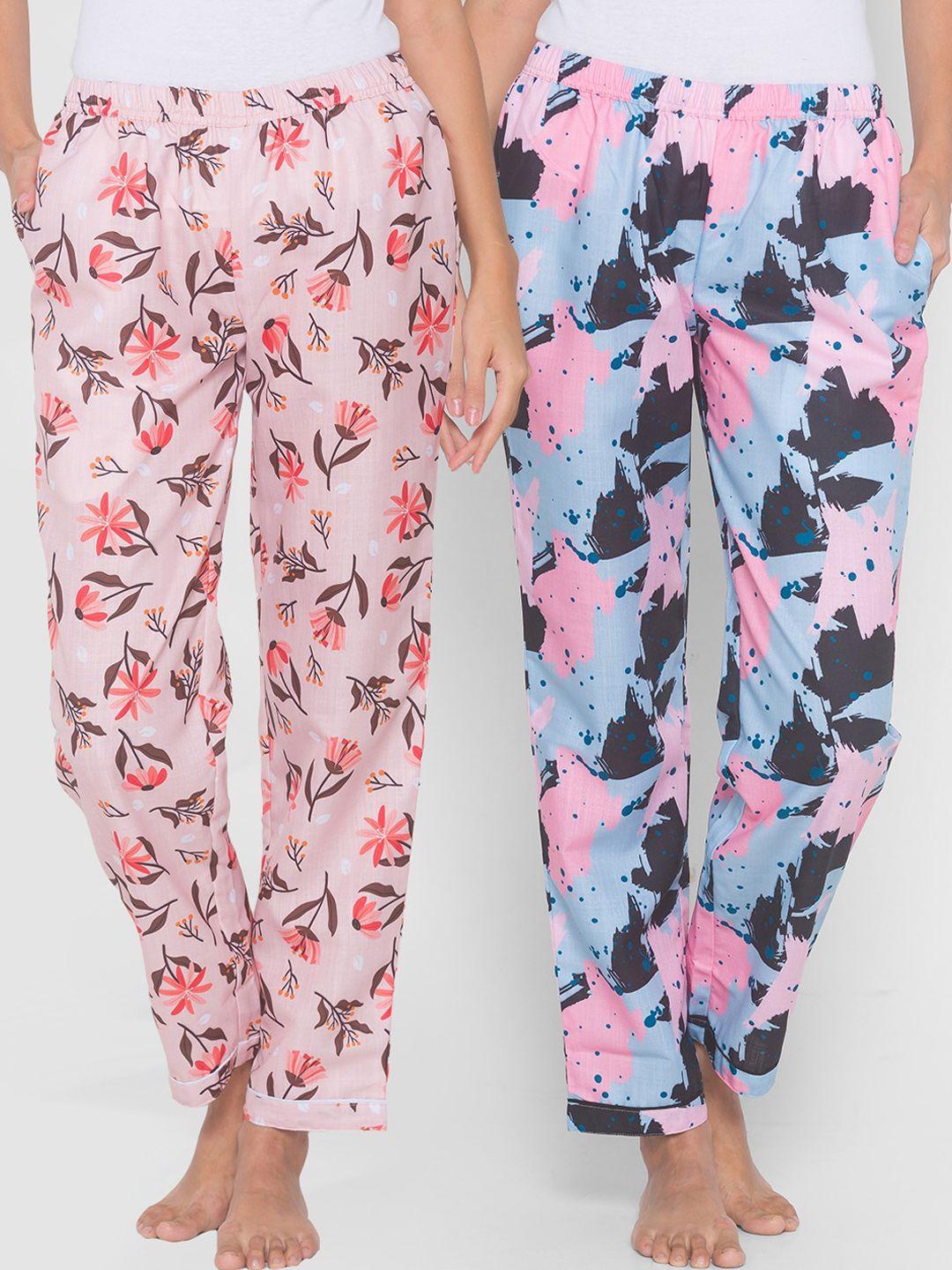 fashionrack women pink & blue pack of 2 cotton printed pyjamas