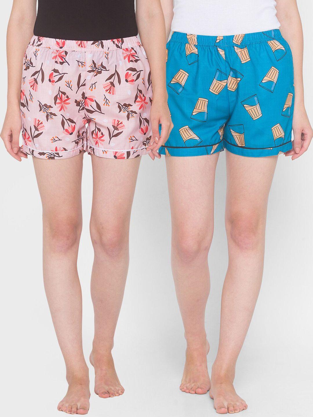 fashionrack women pink & blue pack of 2 printed cotton lounge shorts