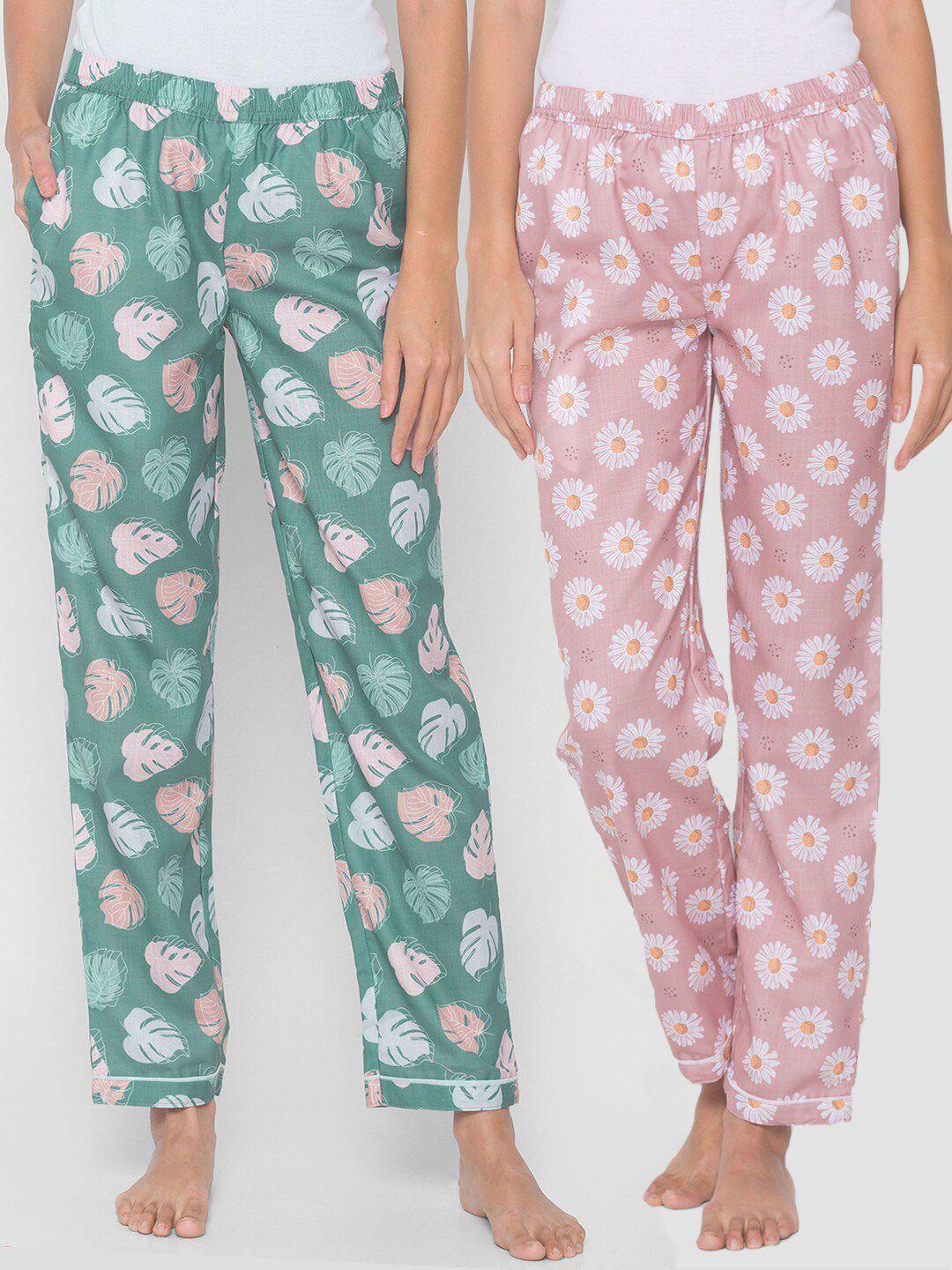fashionrack women pink & green pack of 2 cotton printed pyjamas