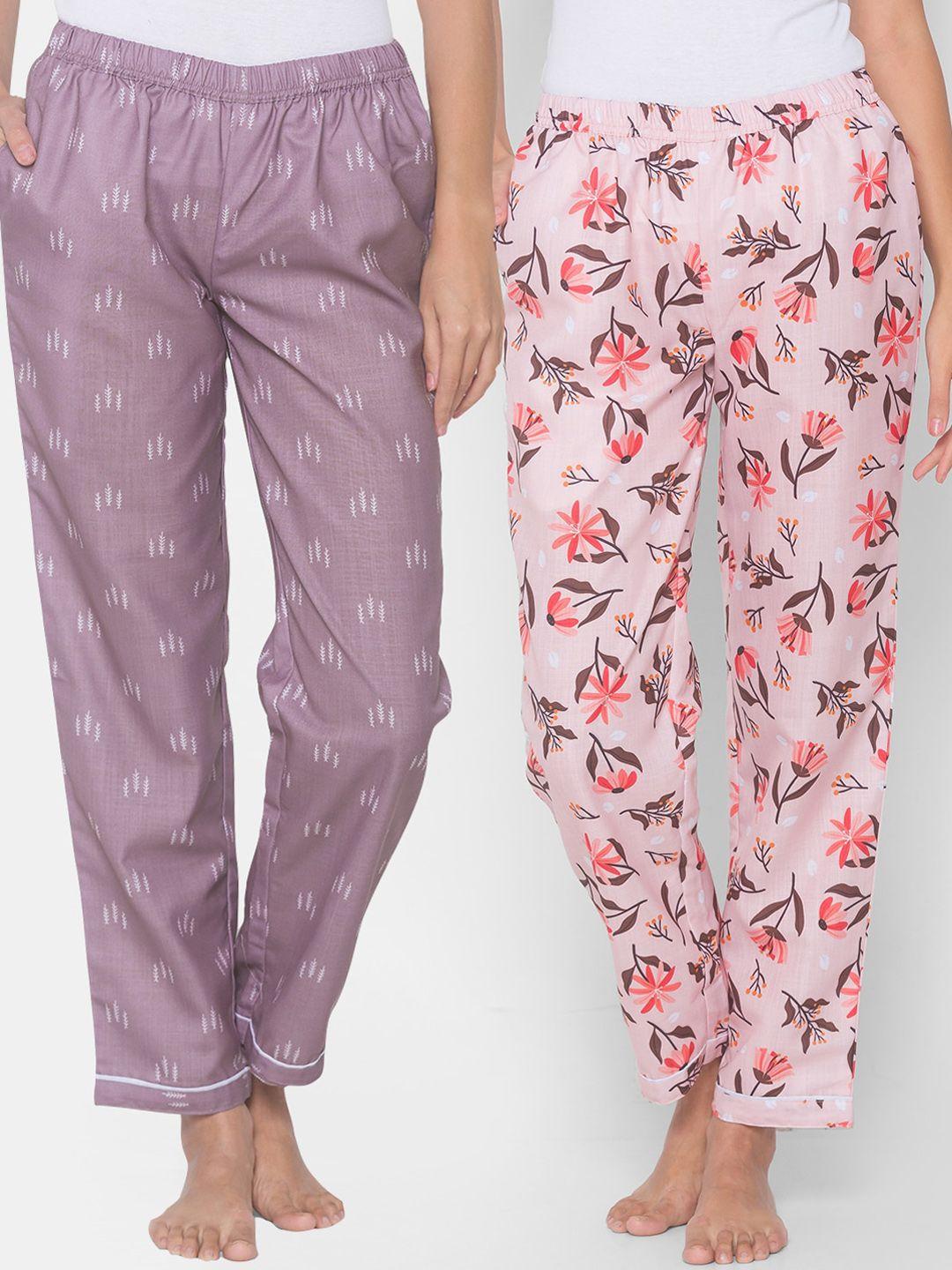 fashionrack women purple & pink pack of 2 cotton printed lounge pants