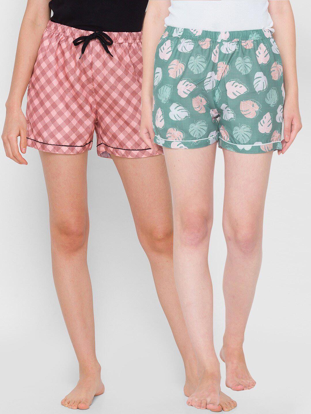 fashionrack women set of 2 green & coral-coloured printed lounge shorts