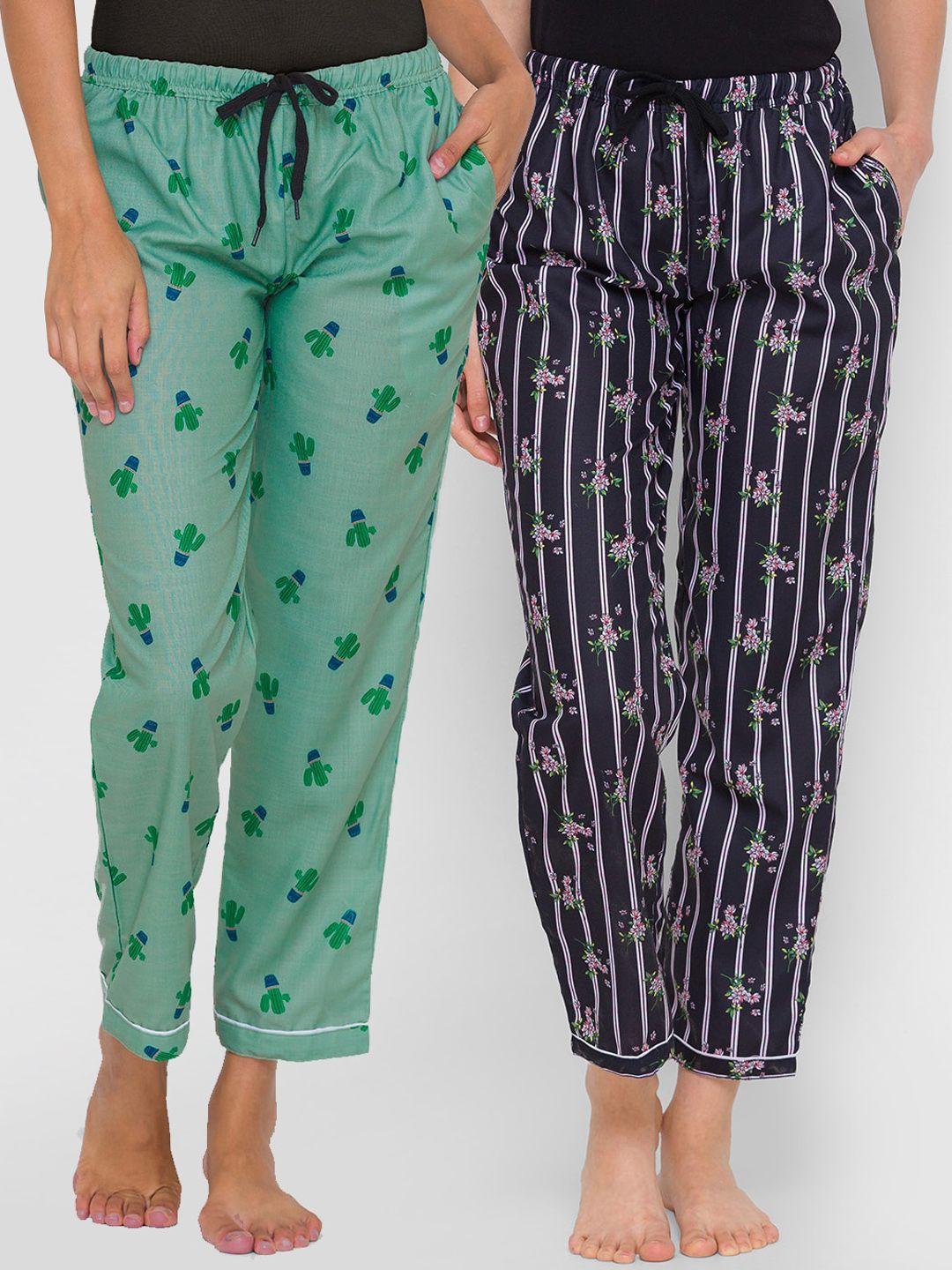 fashionrack women set of 2 green and black printed cotton lounge pants