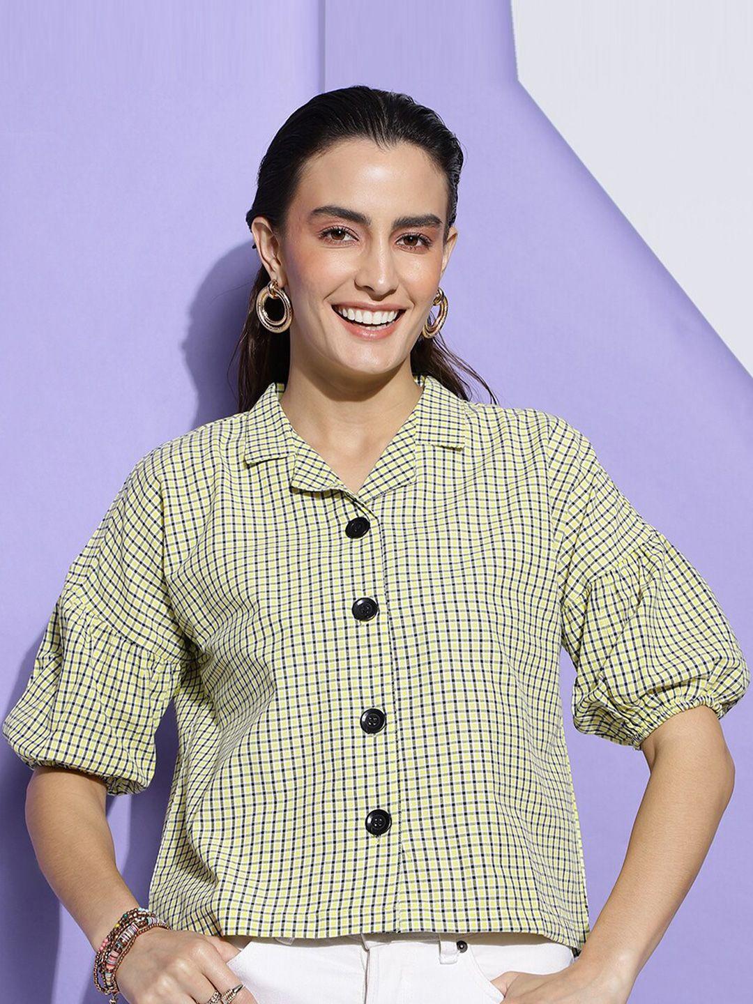 fashionseye checked puff sleeve cotton shirt style top