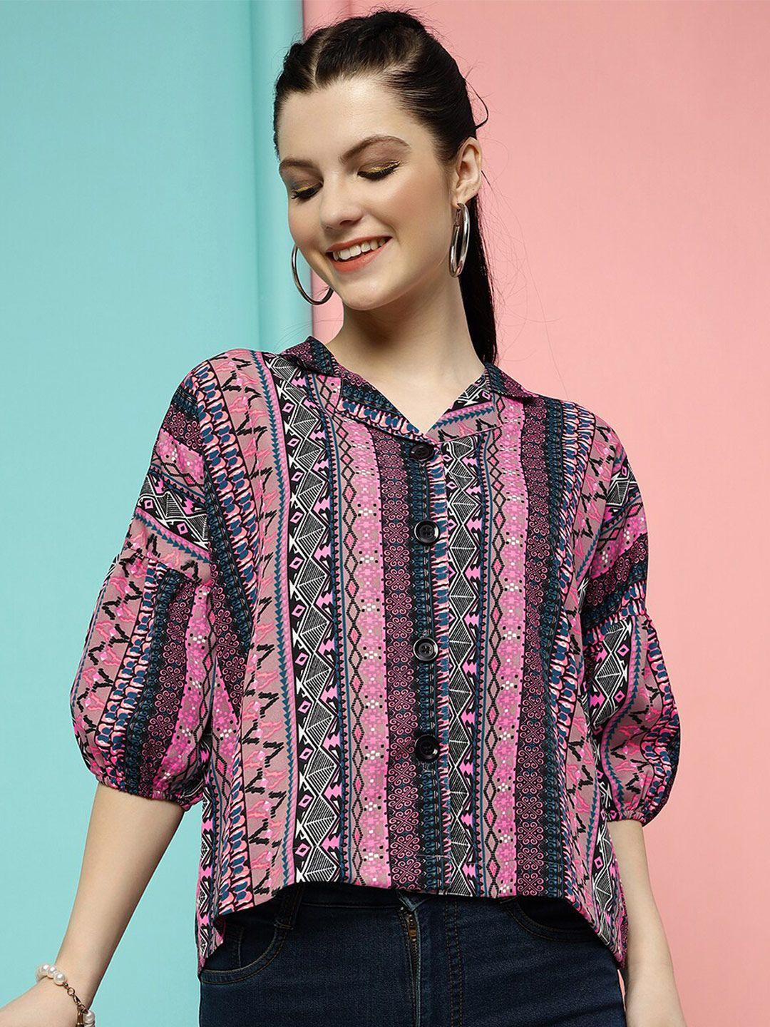 fashionseye ethnic motifs printed cuban collar crepe shirt style top