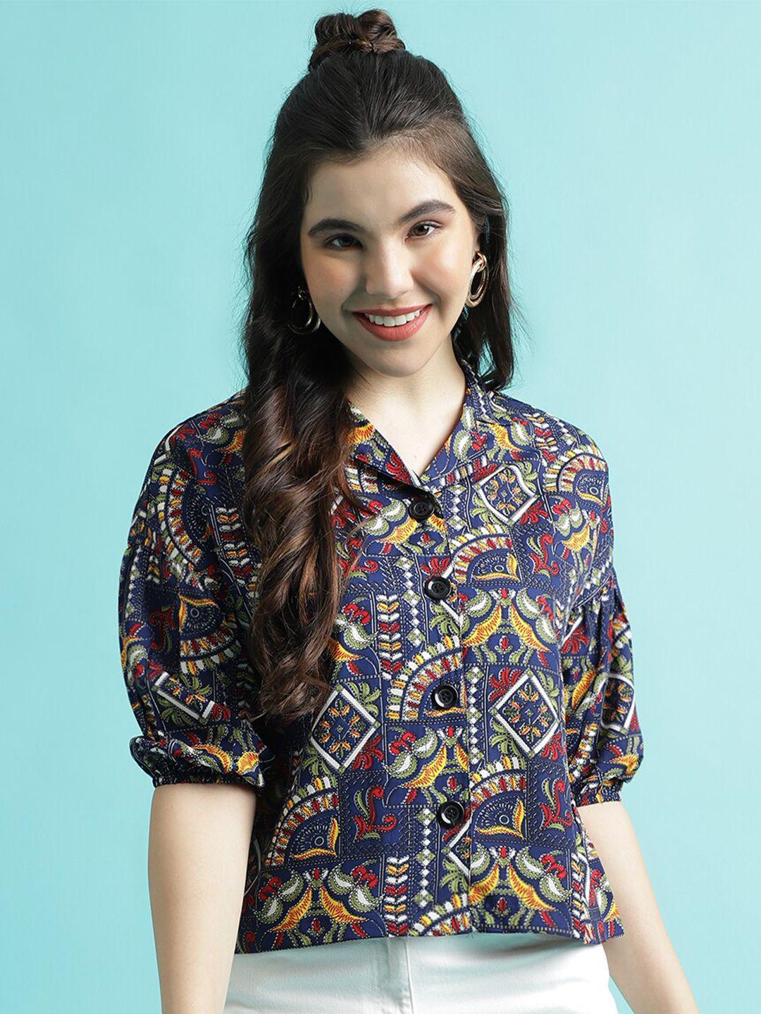 fashionseye ethnic motifs printed puff sleeve georgette shirt style top