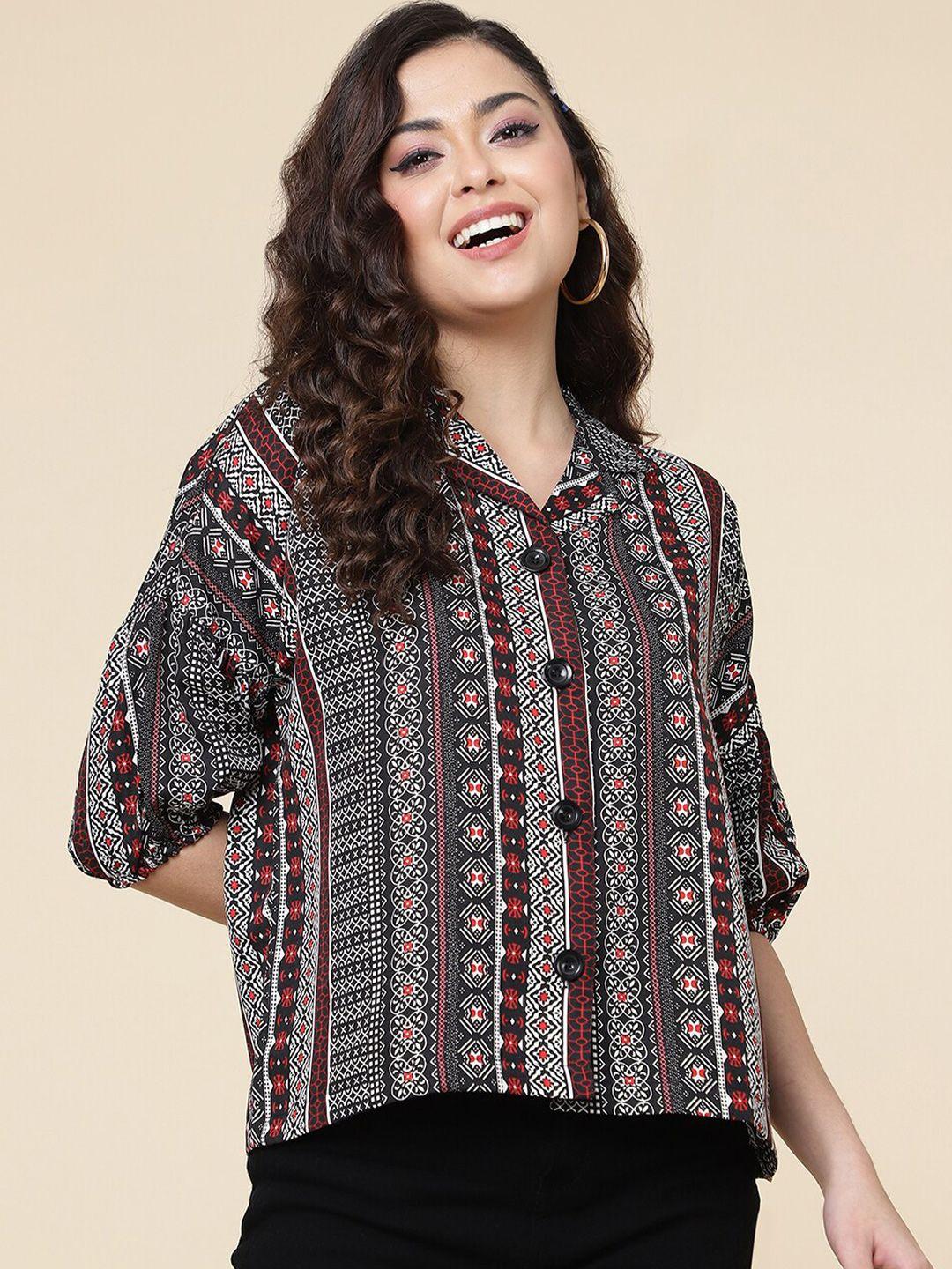 fashionseye ethnic motifs printed puff sleeves shirt style top