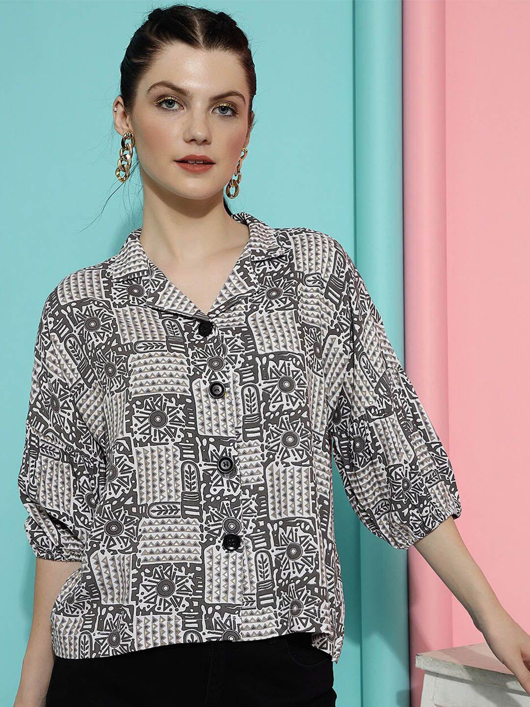 fashionseye geometric printed cuban collar puff sleeve shirt style top