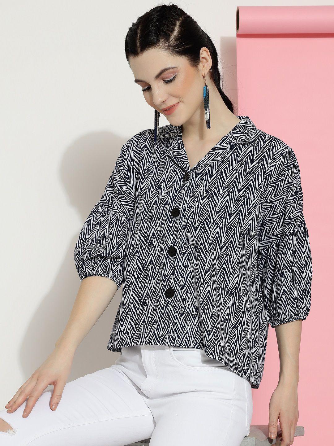 fashionseye geometric printed shirt collar three-quarter sleeves crepe shirt style top