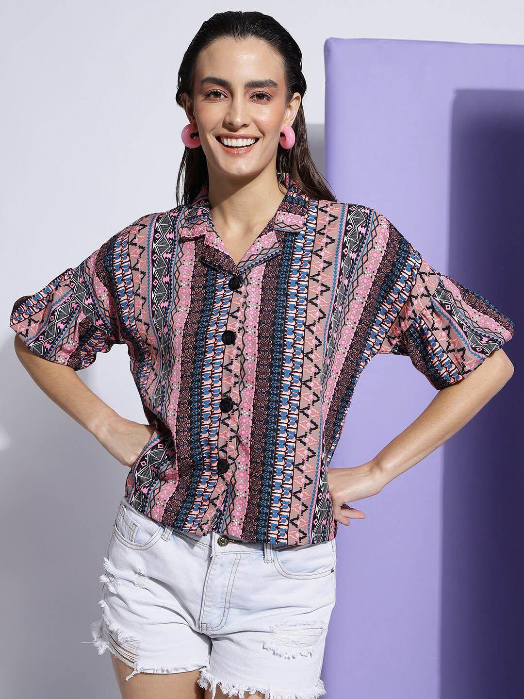 fashionseye tribal printed cuban collar puff sleeve shirt style top