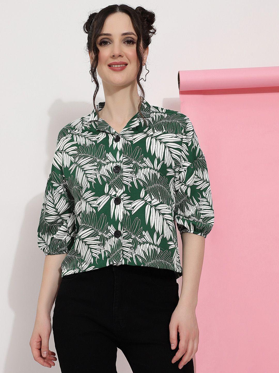fashionseye tropical printed shirt collar three-quarter sleeves crepe shirt style top