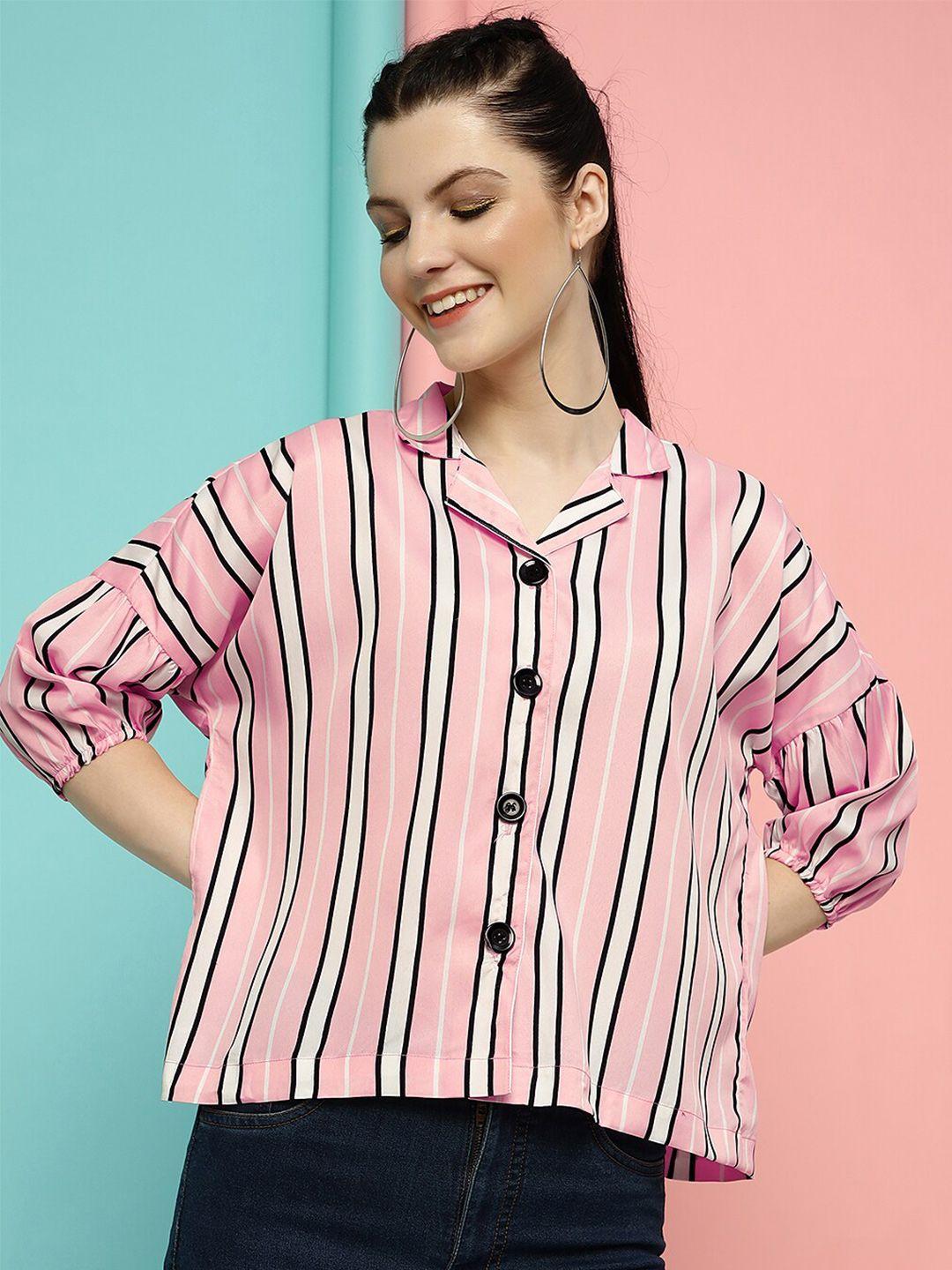 fashionseye vertical striped cuban collar puff sleeve shirt style top
