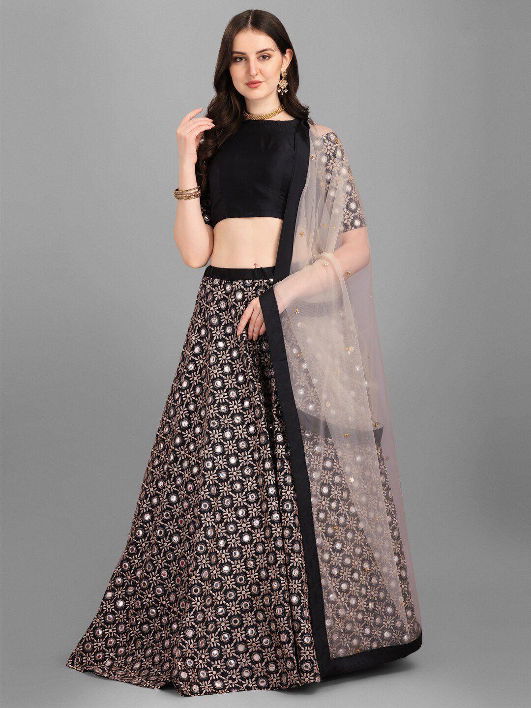 fashionuma black & beige embroidered semi-stitched lehenga & unstitched blouse with dupatta