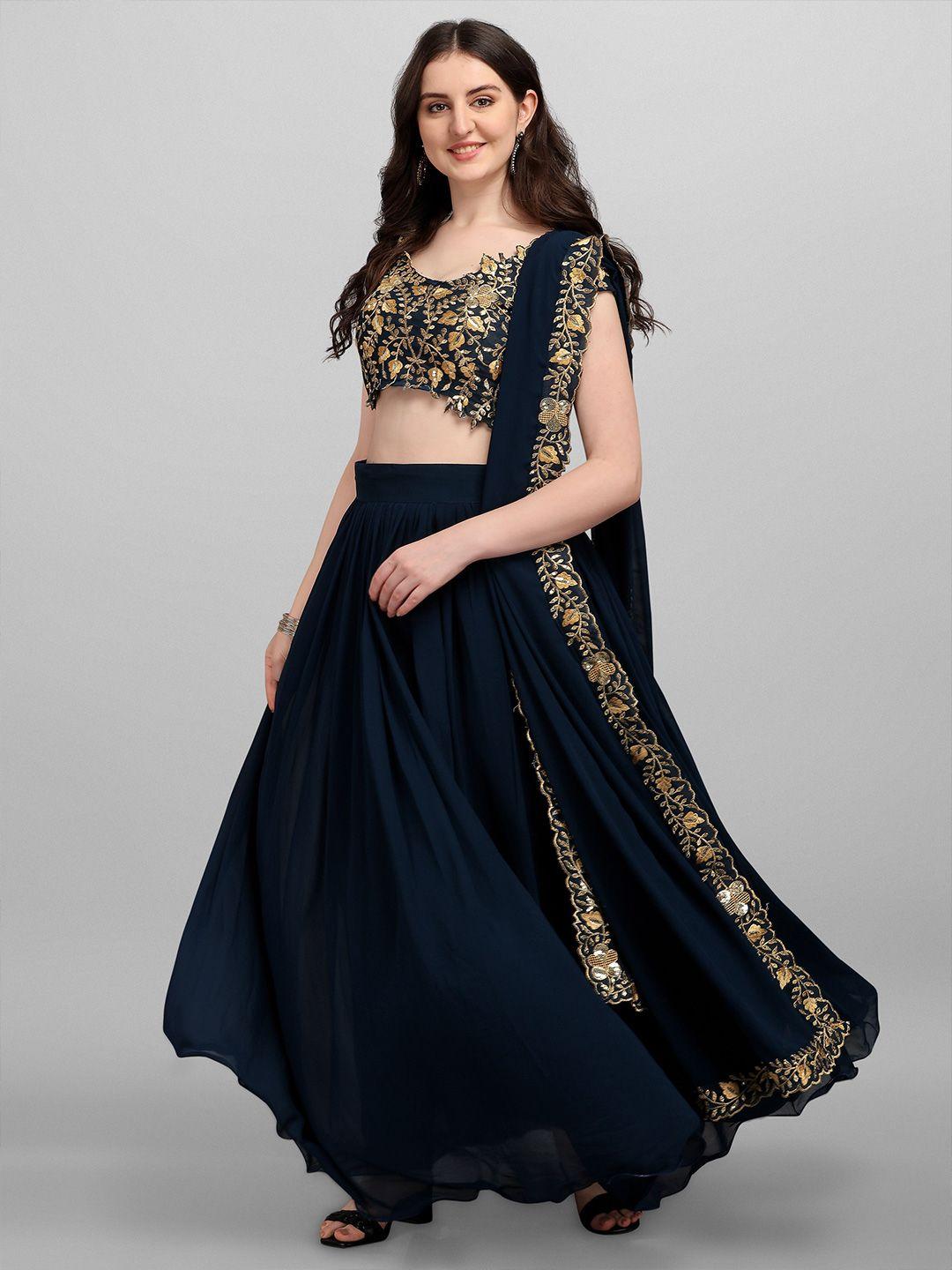 fashionuma blue & gold-toned patchwork semi-stitched lehenga & unstitched blouse with dupatta