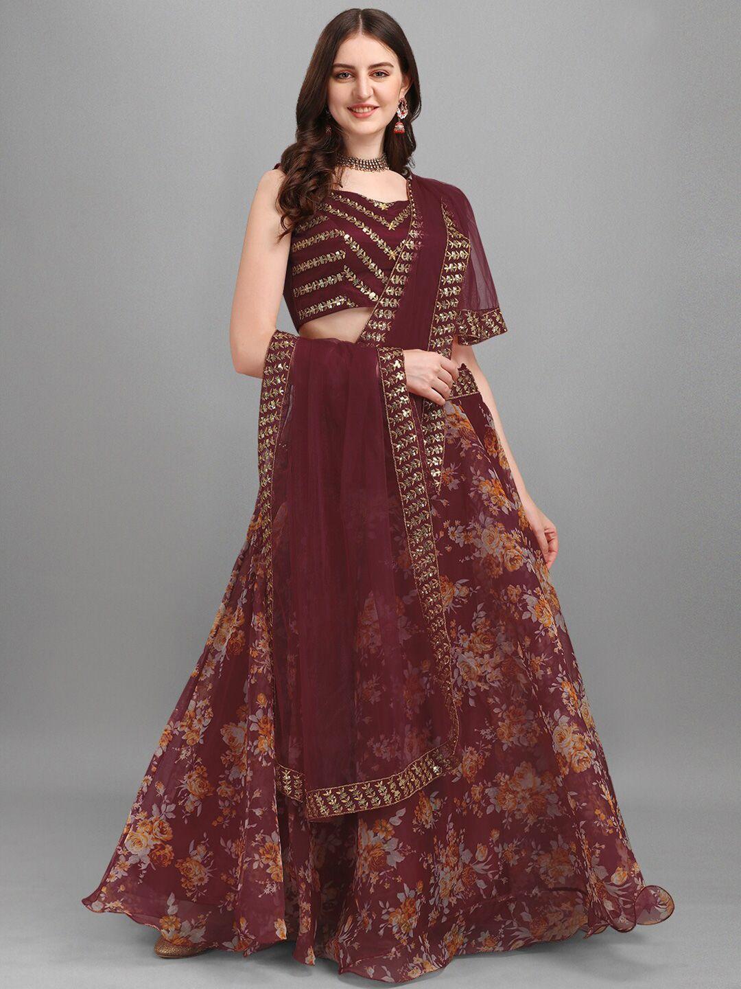 fashionuma maroon floral print semi-stitched lehenga & unstitched blouse with dupatta