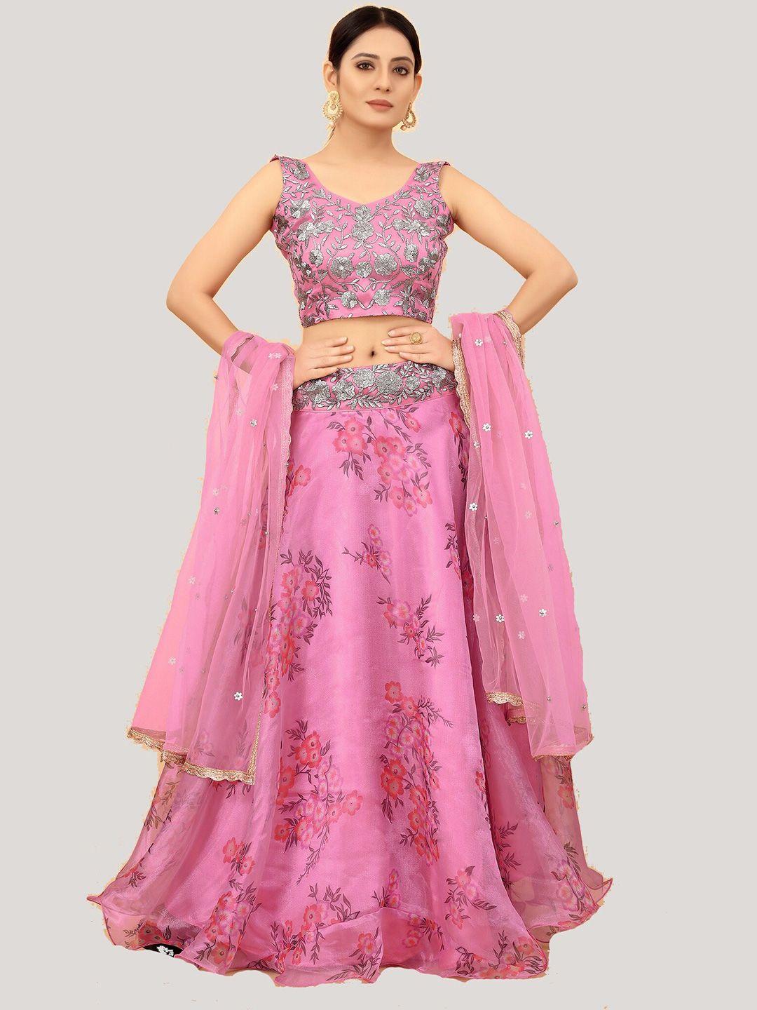 fashionuma women pink & silver-toned embroidered sequinned semi-stitched lehenga & unstitched blouse with dupatta