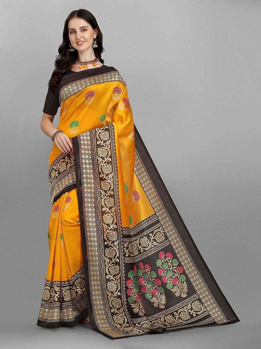 fashionuma black & mustard floral woven design saree