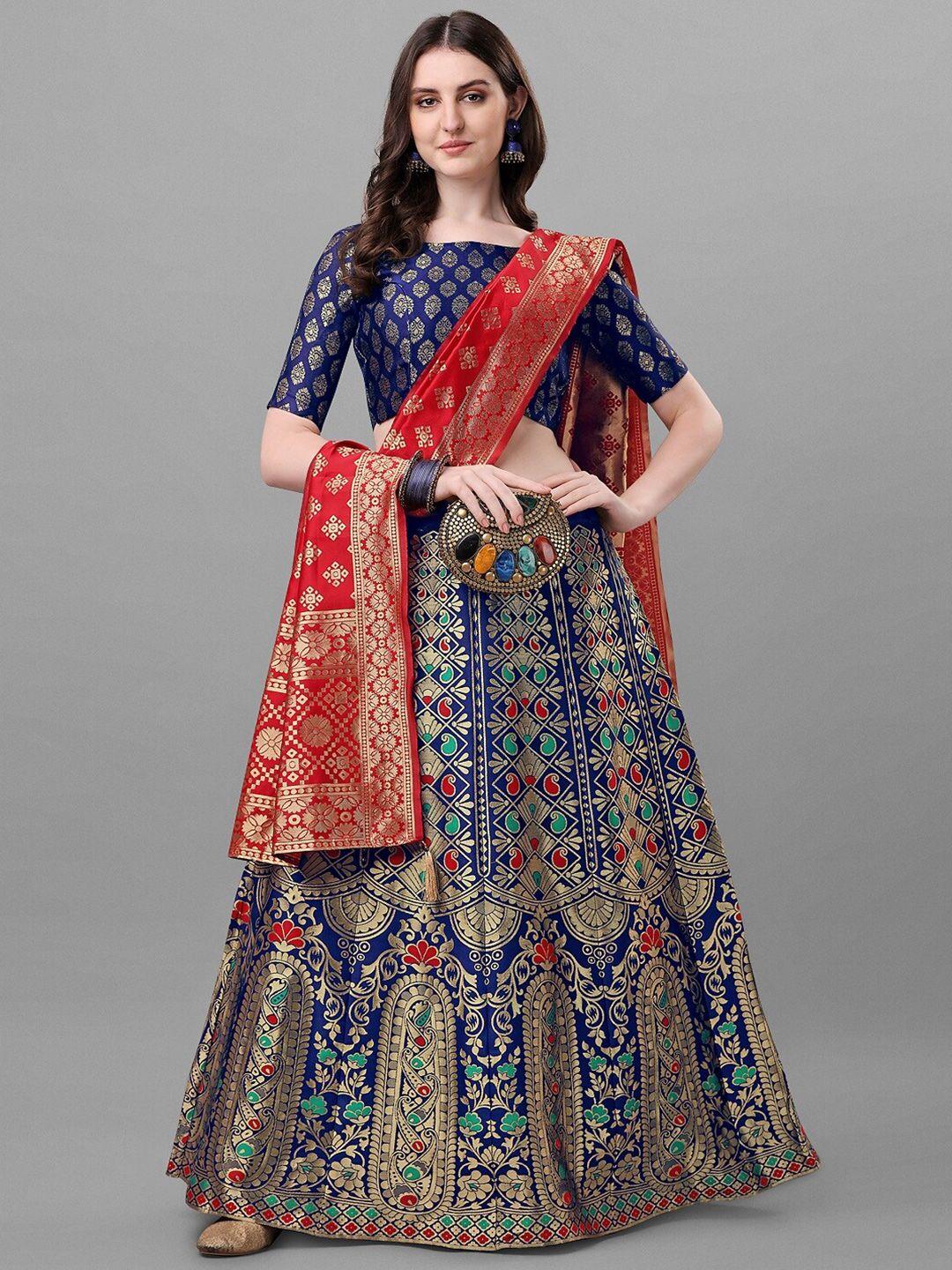 fashionuma blue & red semi-stitched lehenga & unstitched blouse with dupatta