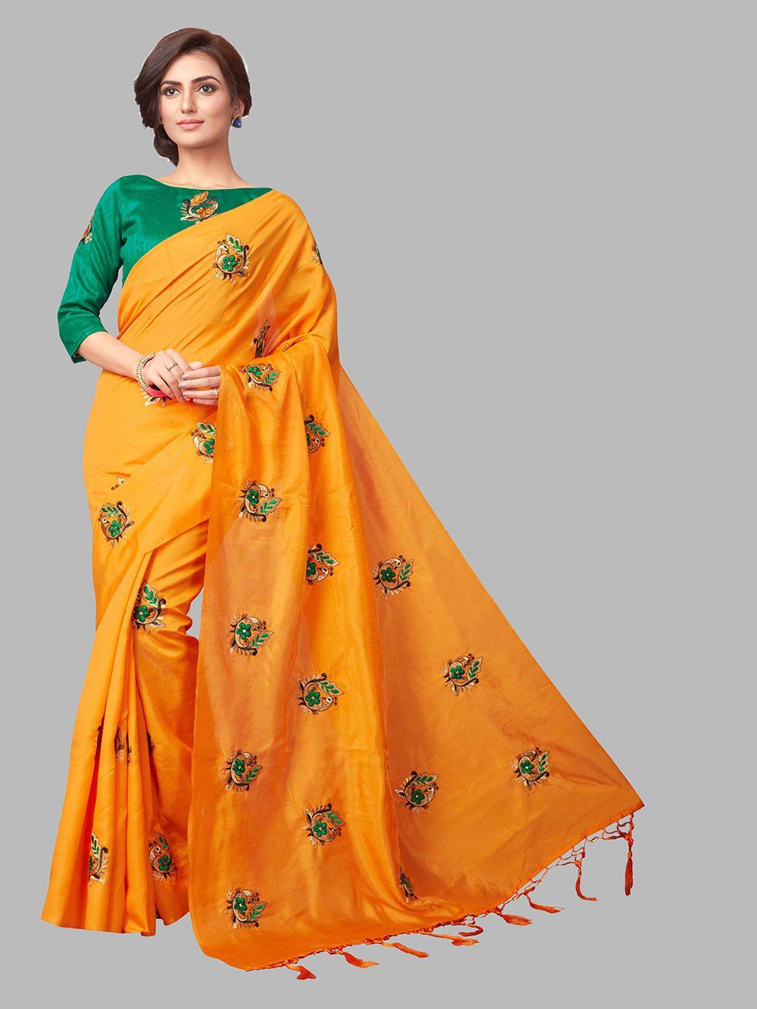 fashionuma orange & green floral embroidered silk cotton saree