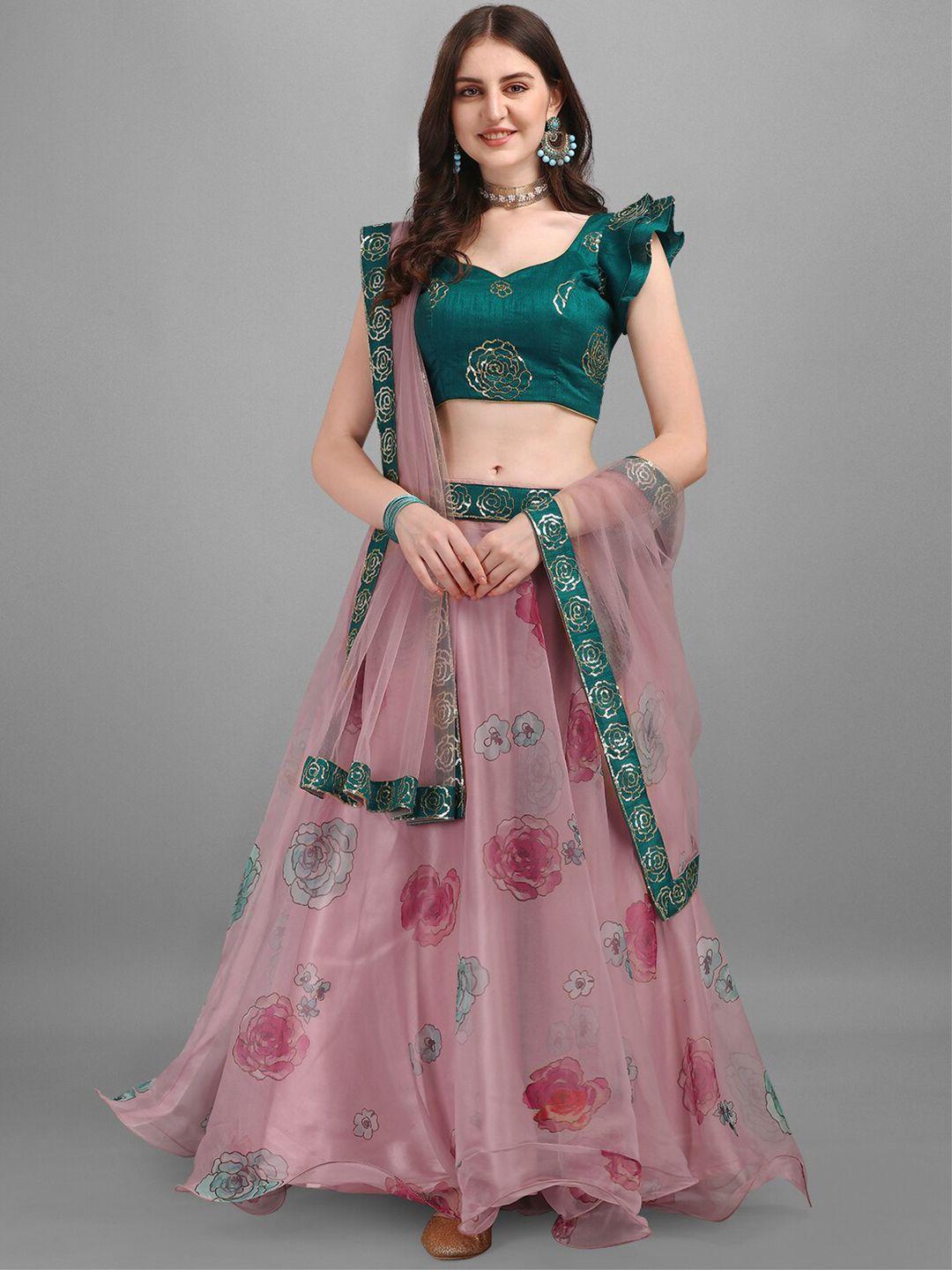 fashionuma pink & green printed semi-stitched lehenga & unstitched blouse with dupatta