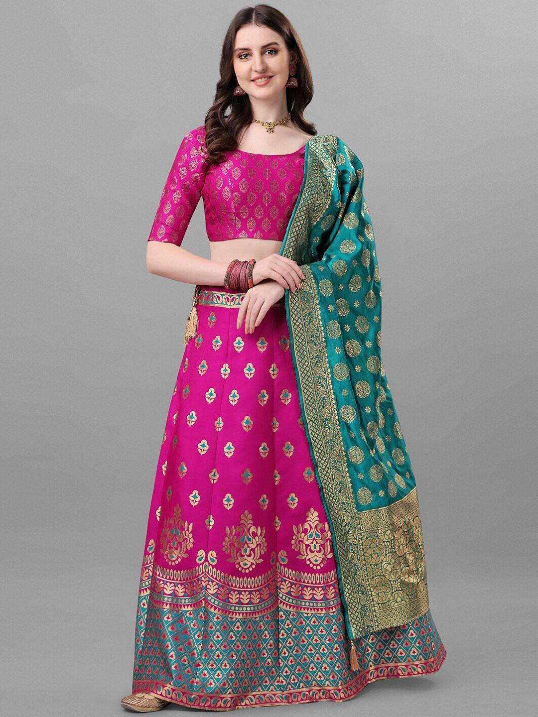 fashionuma pink & green semi-stitched lehenga & unstitched blouse with dupatta