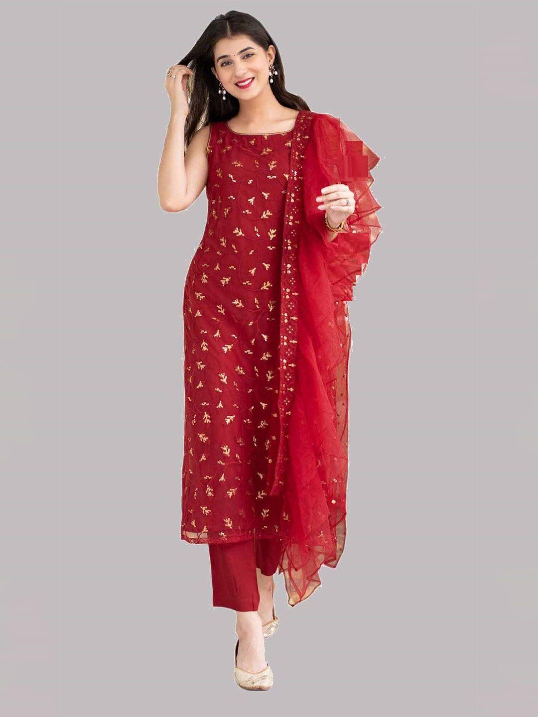 fashionuma red & gold-toned embroidered silk georgette semi-stitched dress material